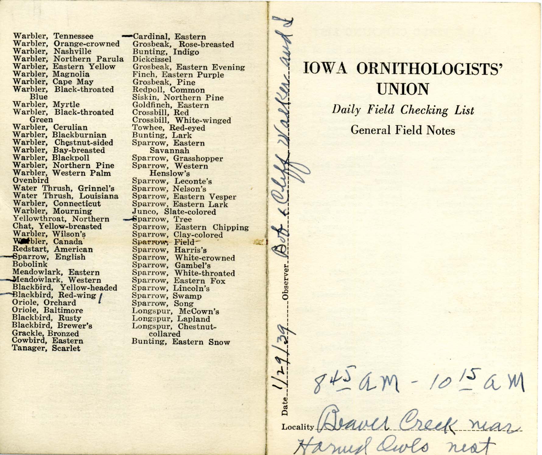 Daily field checking list by Walter Rosene, January 29, 1939