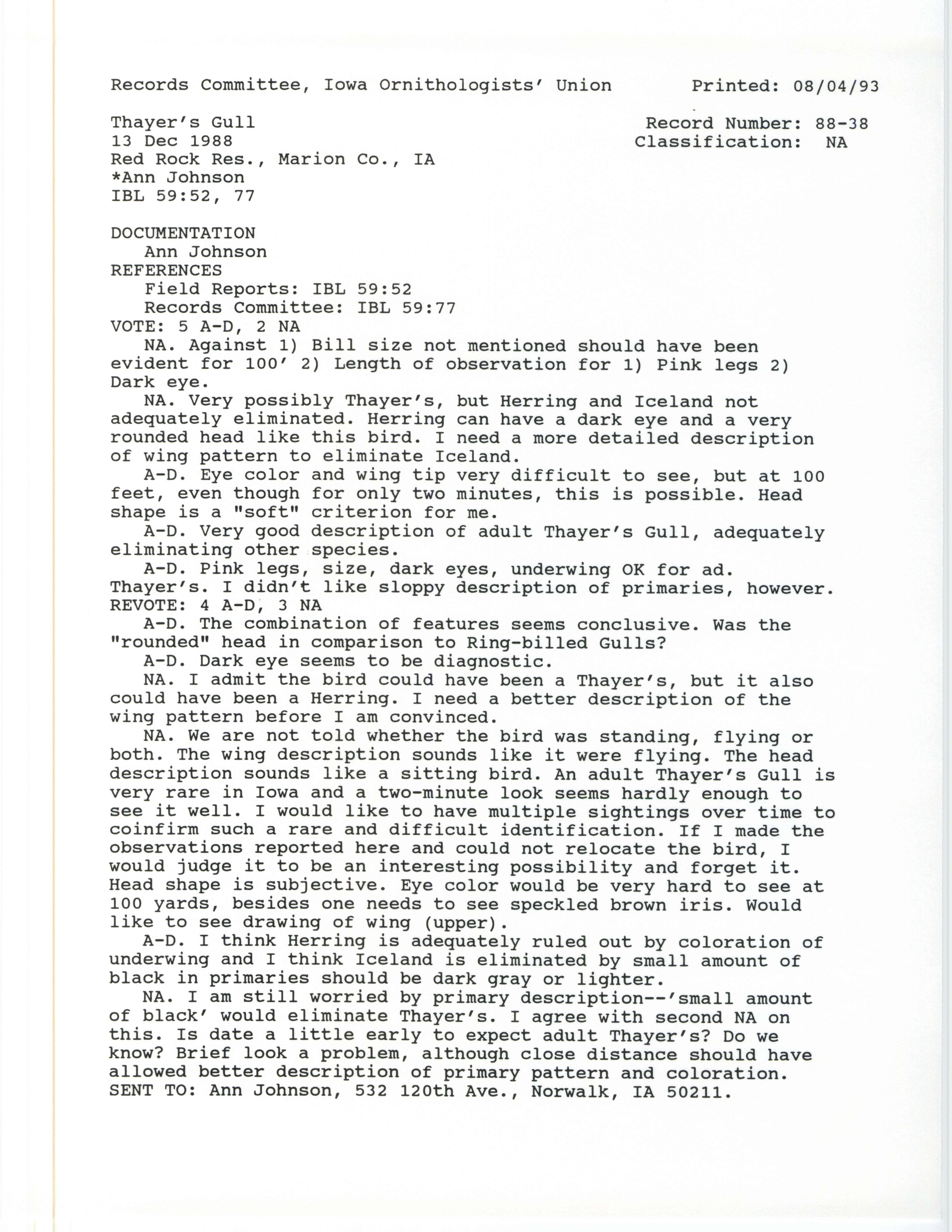 Records Committee review for rare bird sighting of Thayer's Gull at Red Rock Dam, 1988