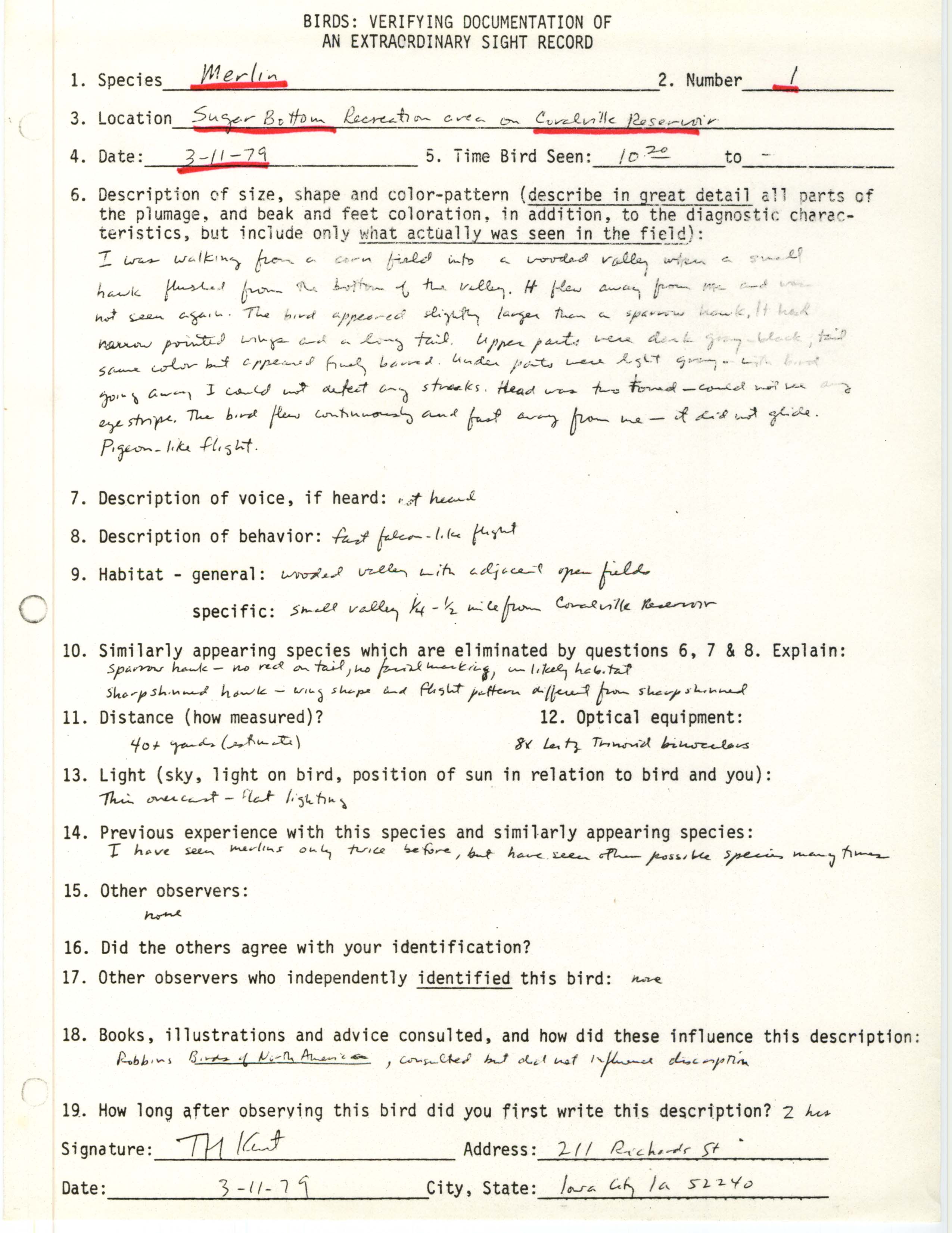 Rare bird documentation form for Merlin at Sugar Bottom Recreation Area, 1979