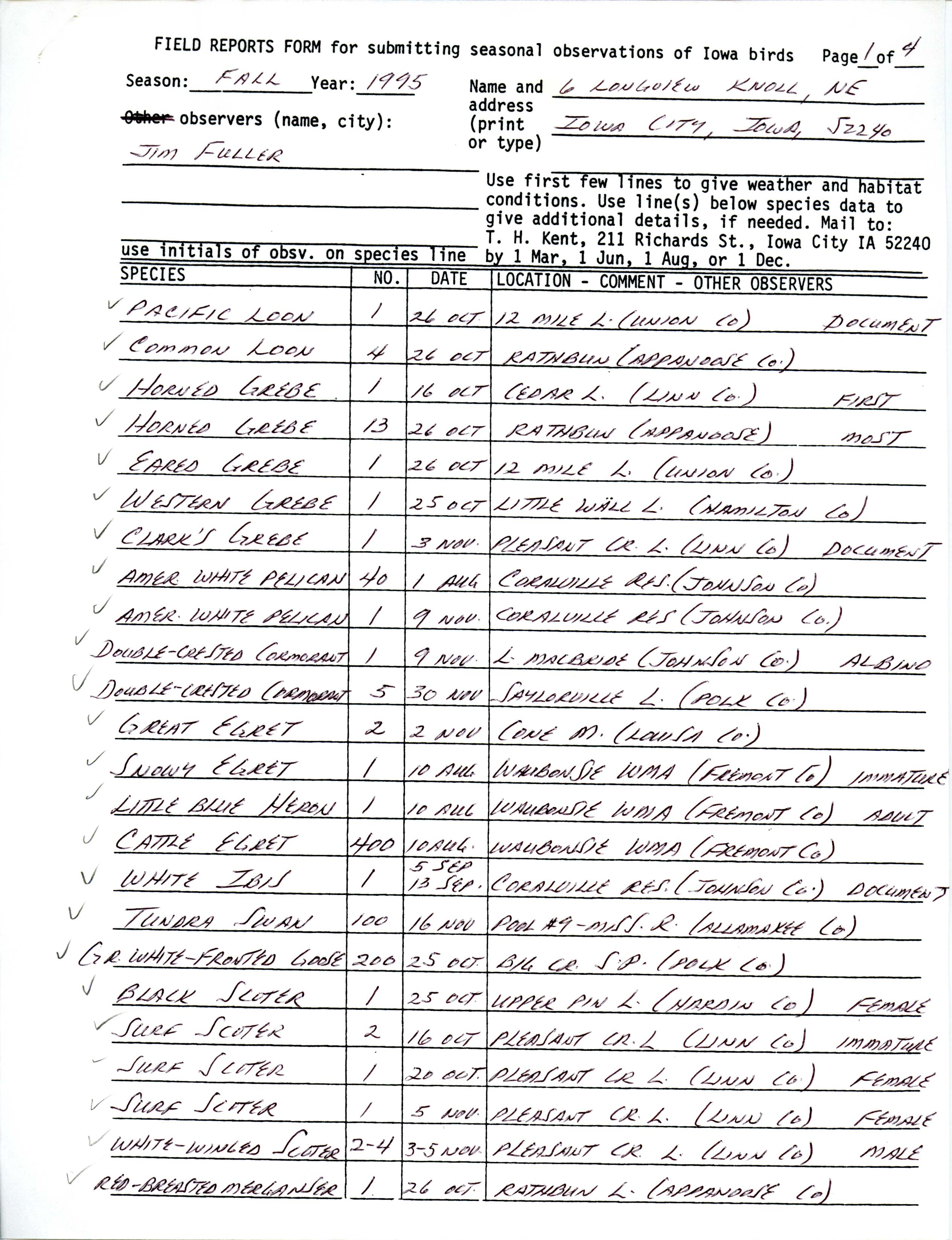 Field reports form for submitting seasonal observations of Iowa birds, James L. Fuller, fall 1995