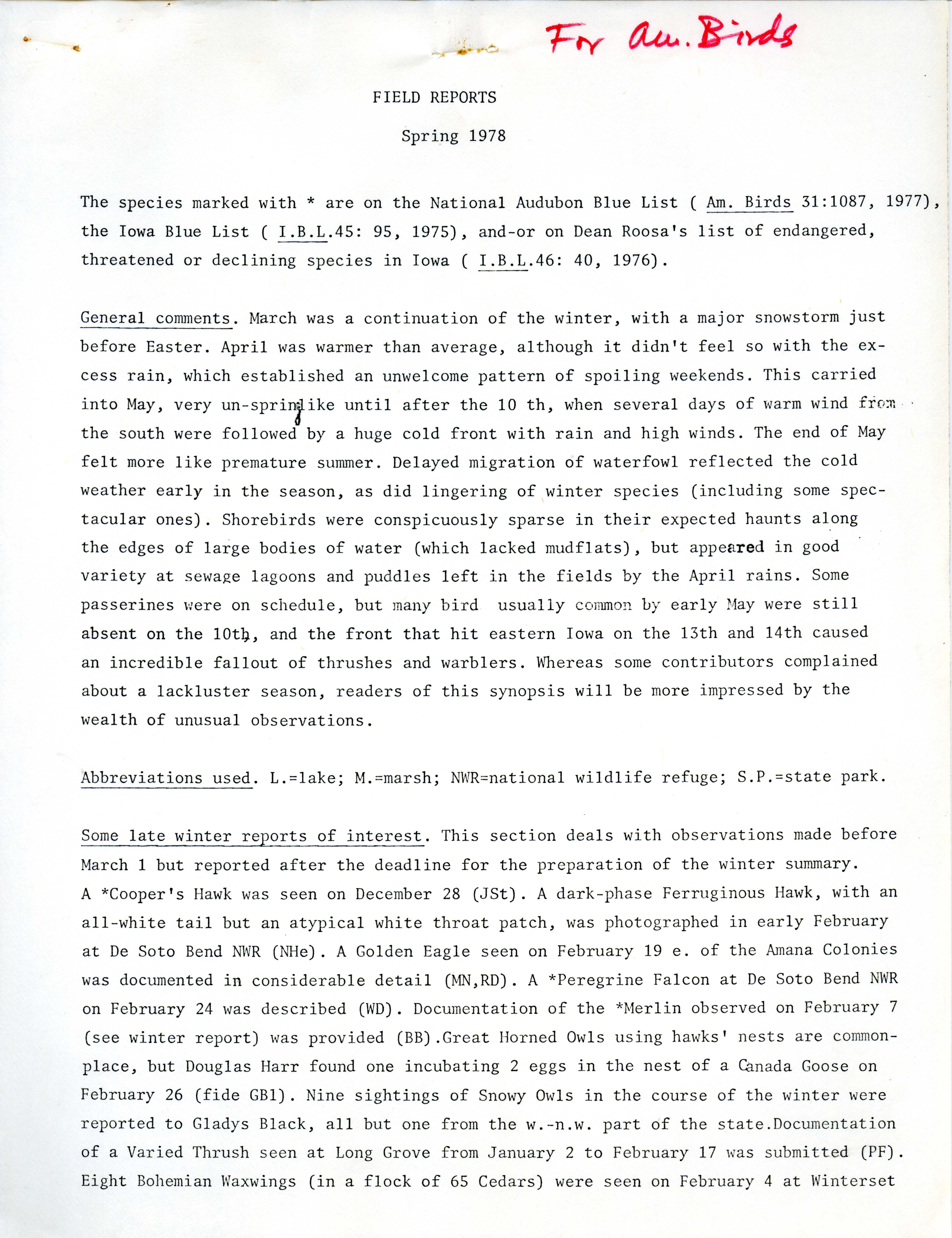 Iowa Ornithologists' Union, Quarterly field report, spring 1978