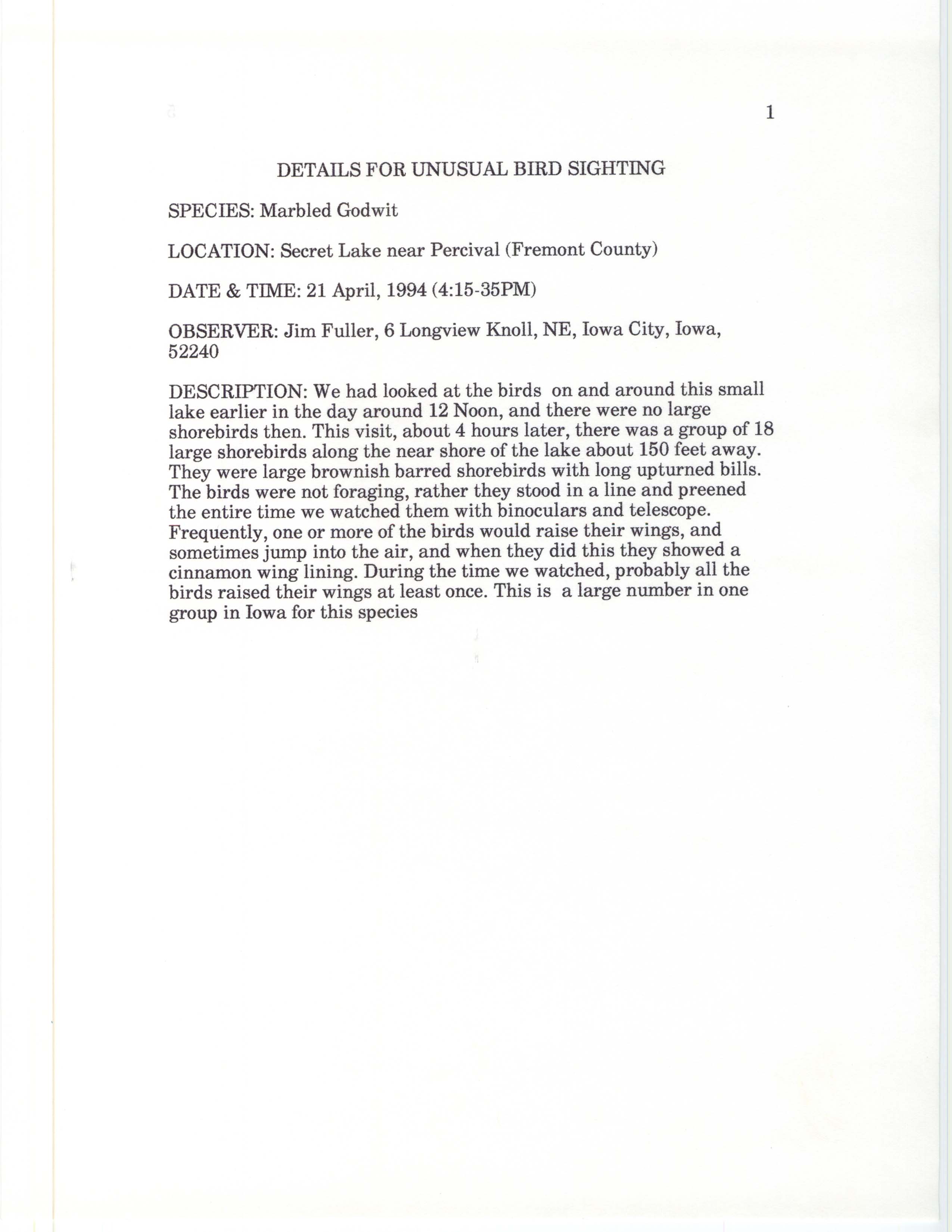 Rare bird documentation form for Marbled Godwit at Secret Lake, 1994