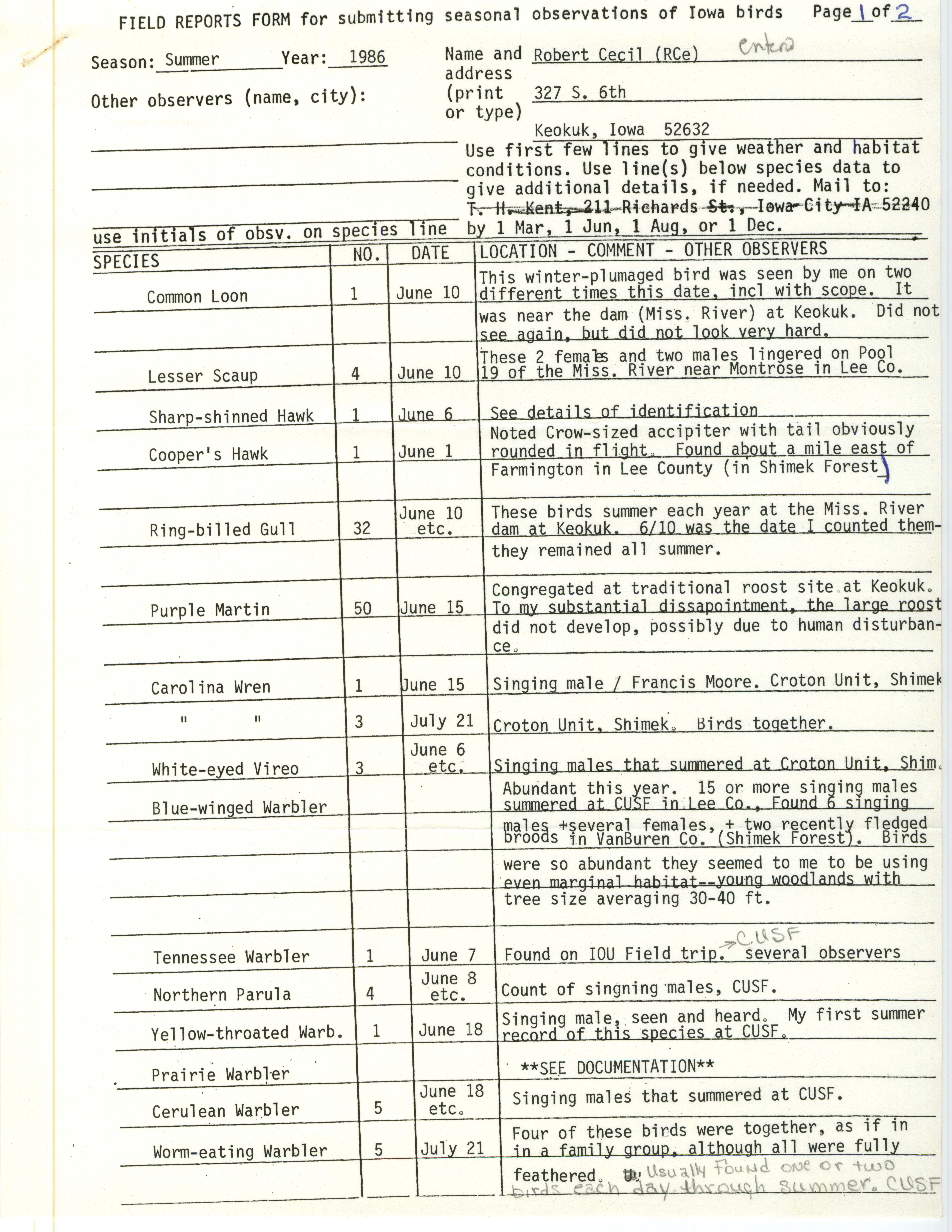 Robert I. Cecil letter to James J. Dinsmore regarding bird sightings July 31, 1986 