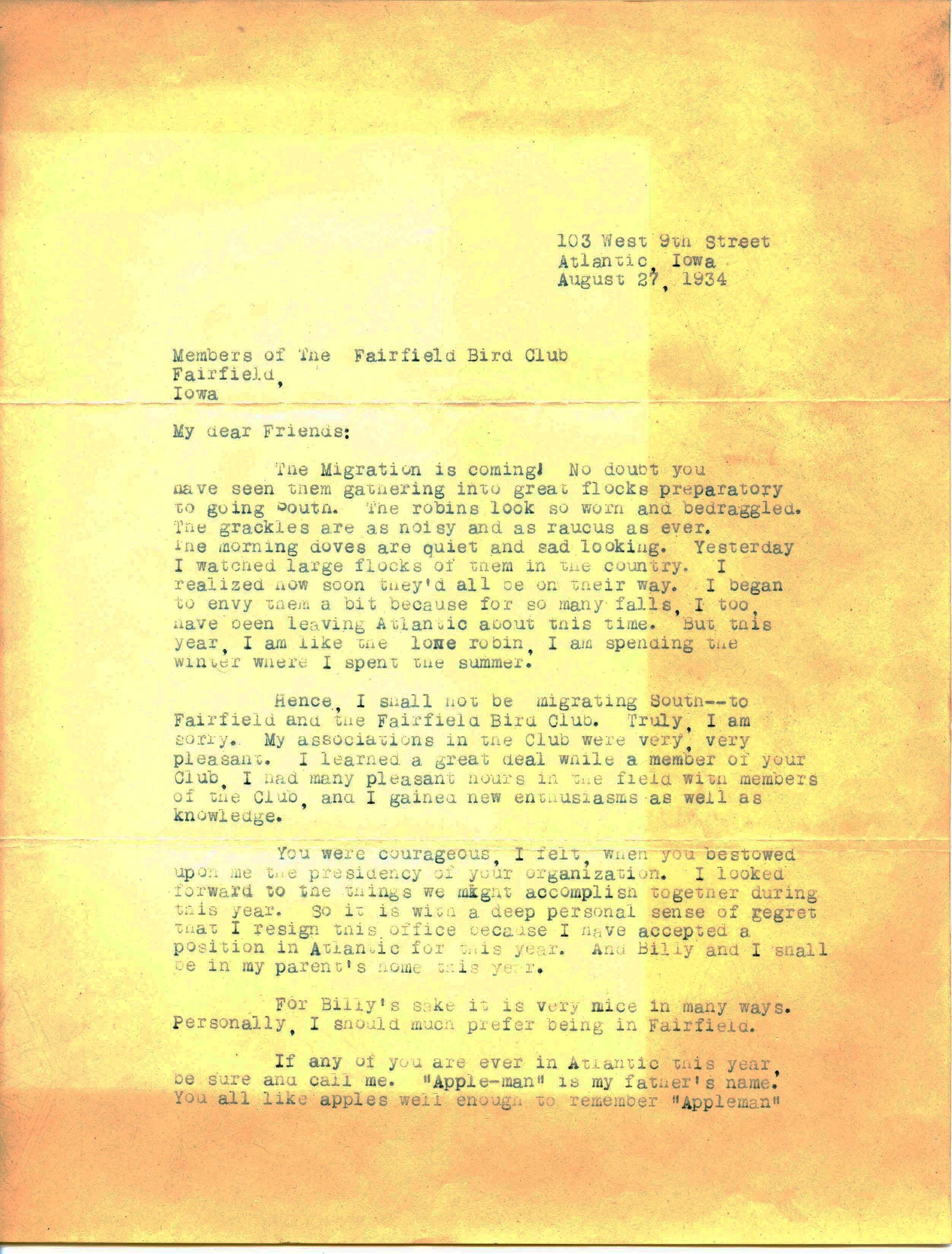 Mildrede Williams letter to members of the Fairfield Bird Club regarding her resignation as the club's president, August 27, 1934