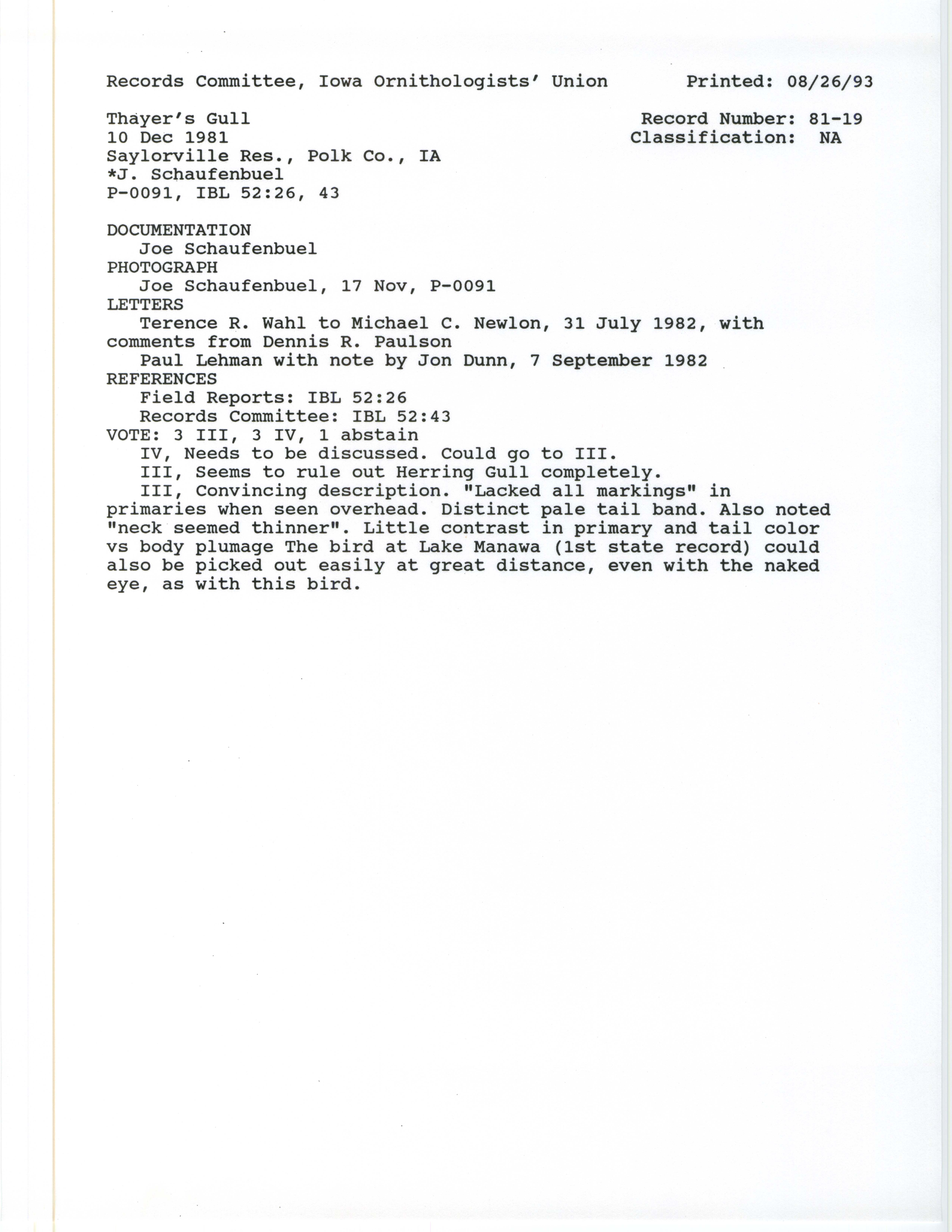 Records Committee review for rare bird sighting of Thayer's Gull at Saylorville Dam, 1981