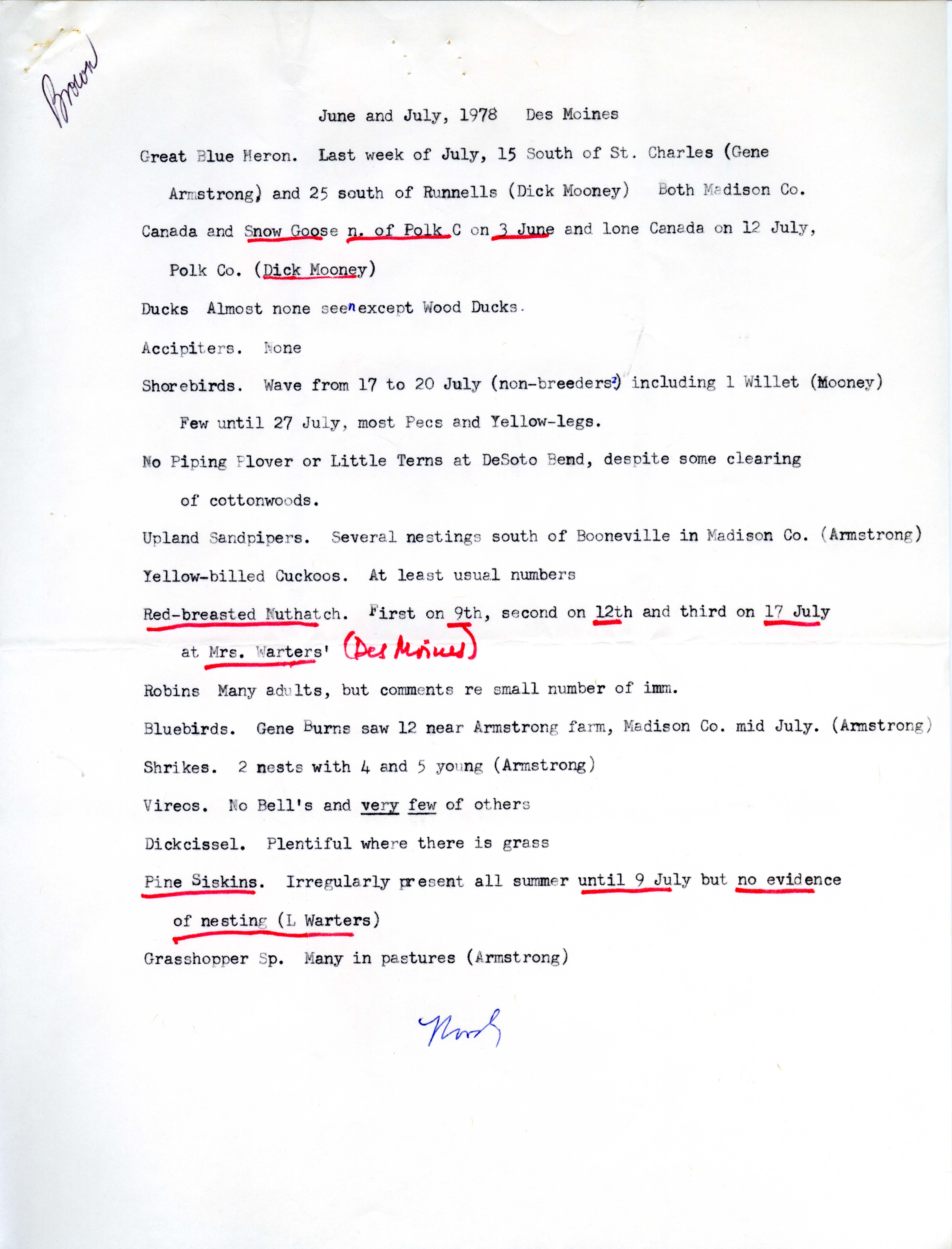 Woodward H. Brown letter to Nicholas S. Halmi regarding bird sightings, July 8, 1978 