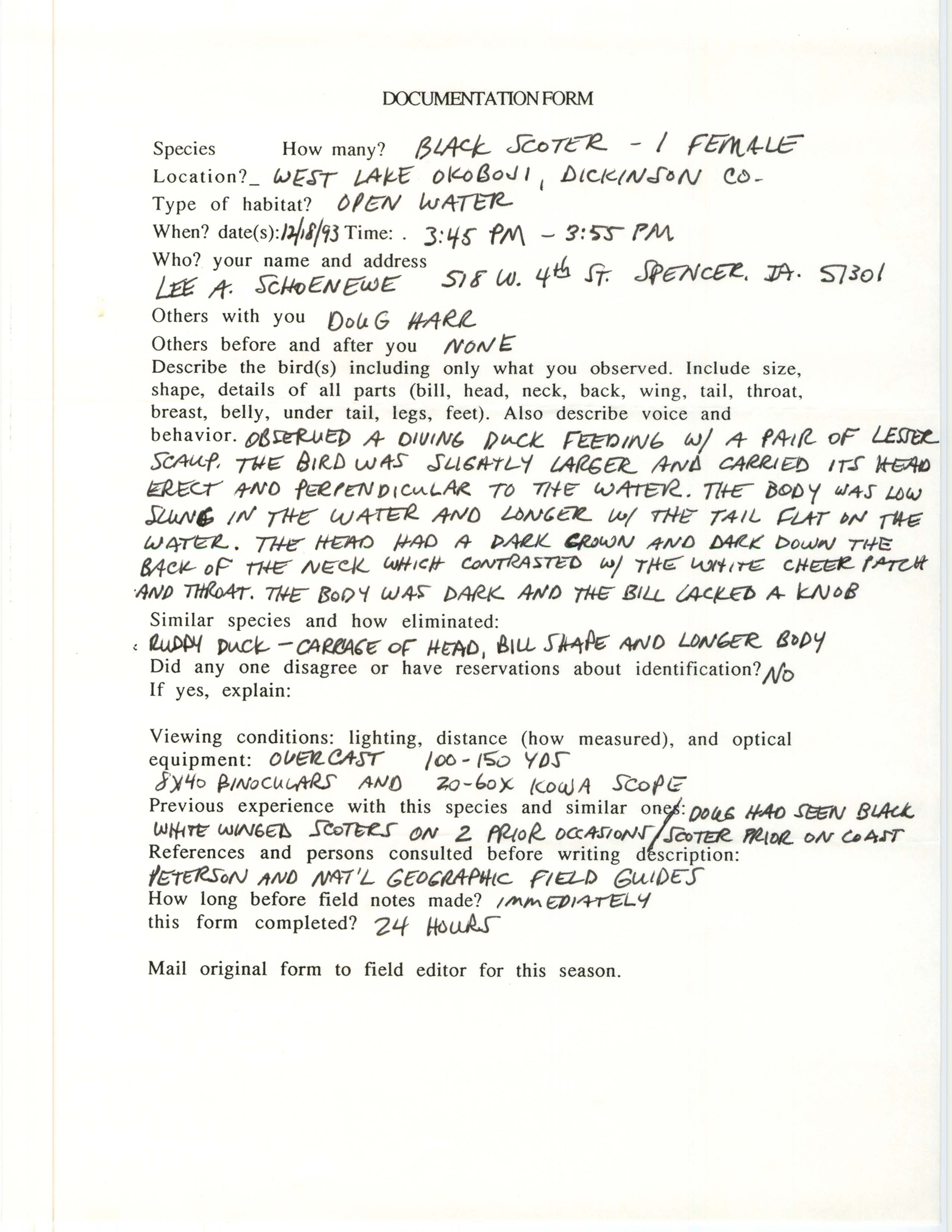 Rare bird documentation form for Black Scoter at West Lake Okoboji, 1993