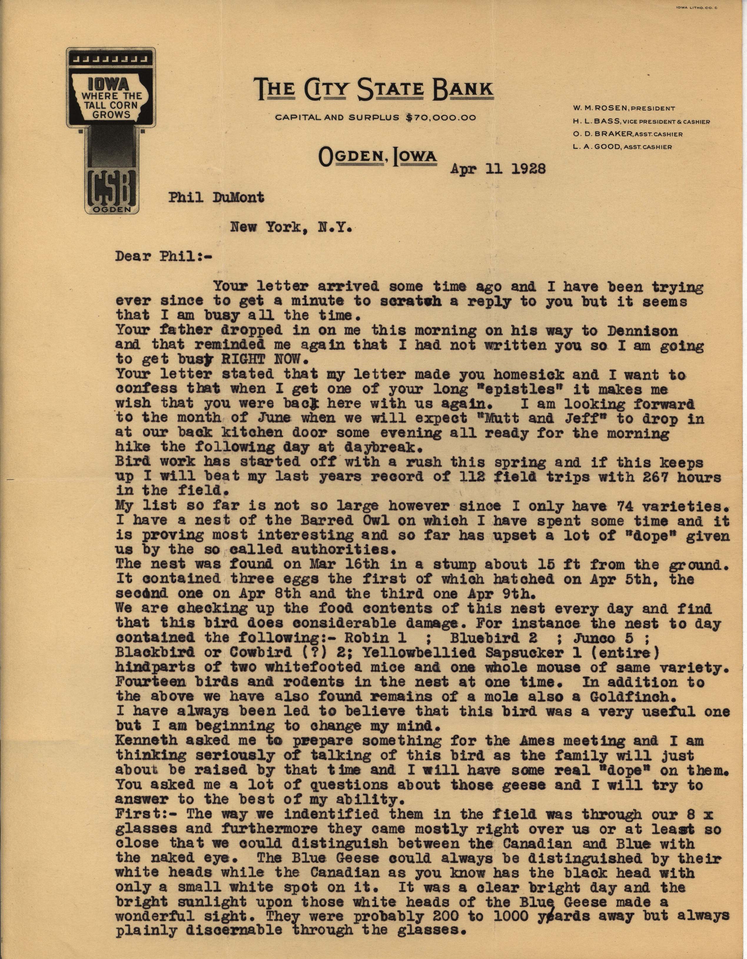 Walter Rosene letter to Philip DuMont regarding Barred Owl observations and Goose identification, April 11, 1928