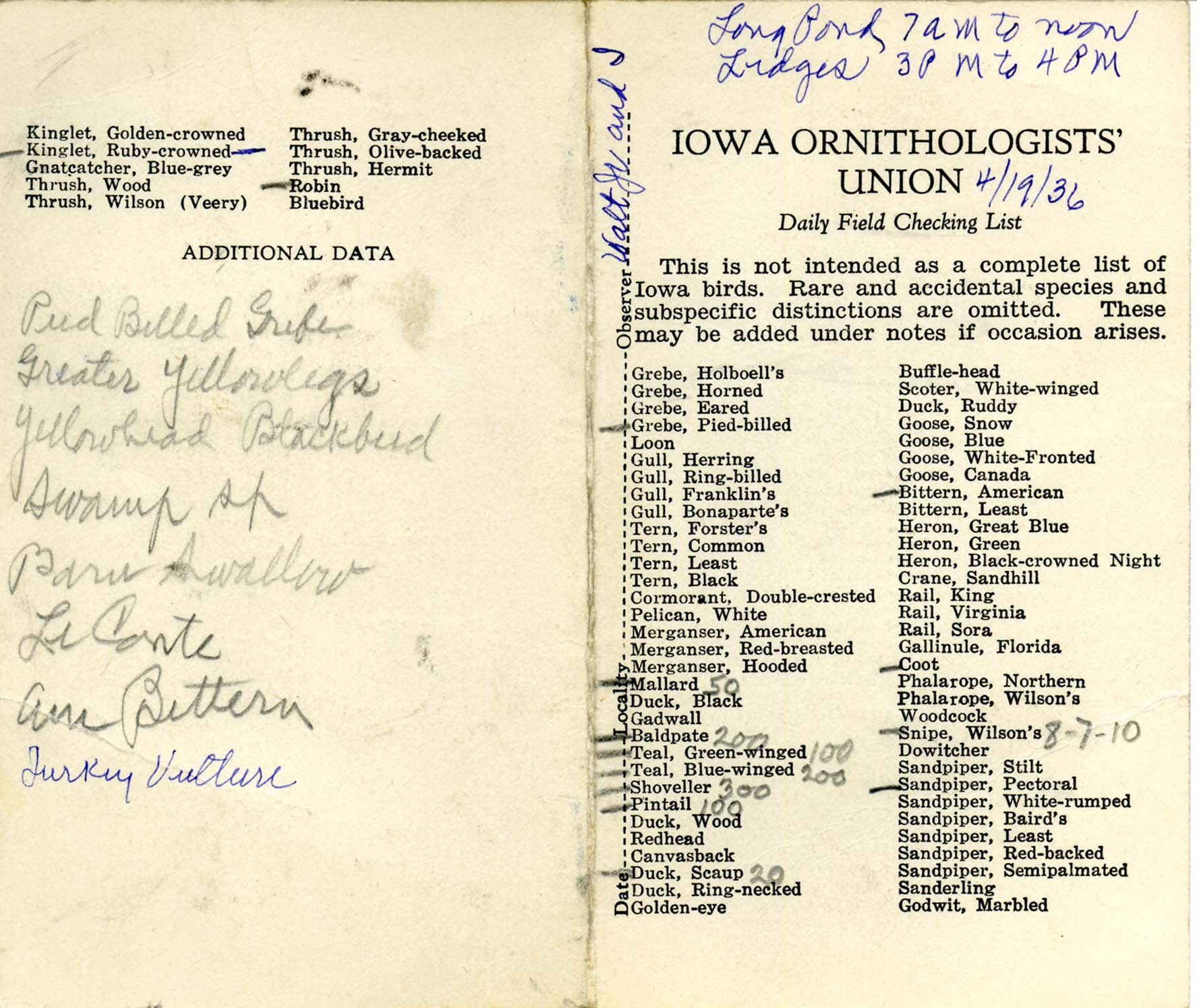 Daily field checking list by Walter Rosene, April 19, 1936