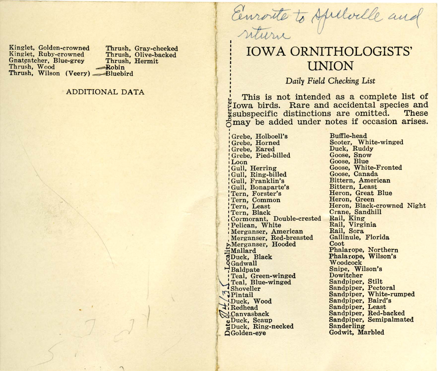 Daily field checking list, Walter Rosene, August 4, 1935