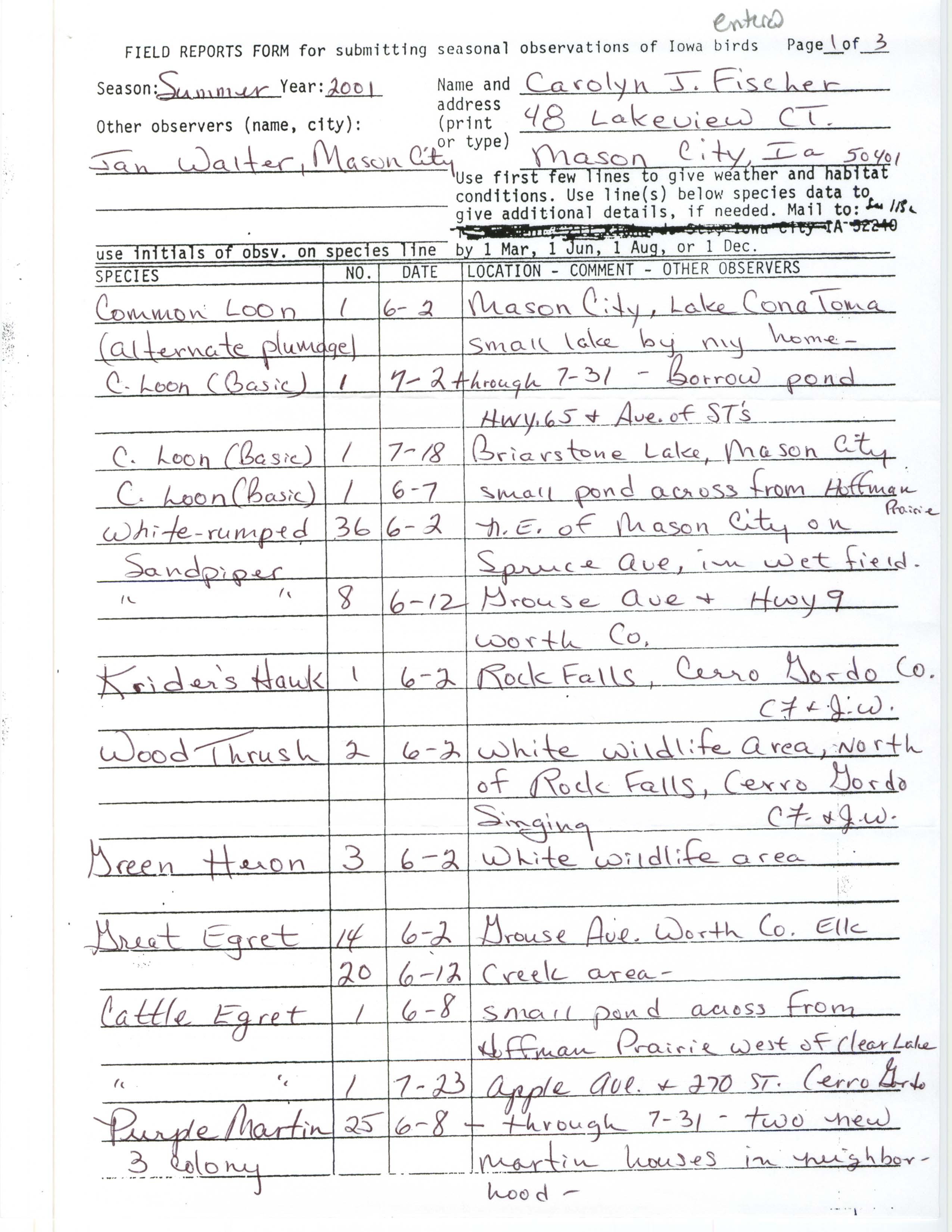 Field reports form for submitting seasonal observations of Iowa birds, Carolyn J. Fischer, summer 2001