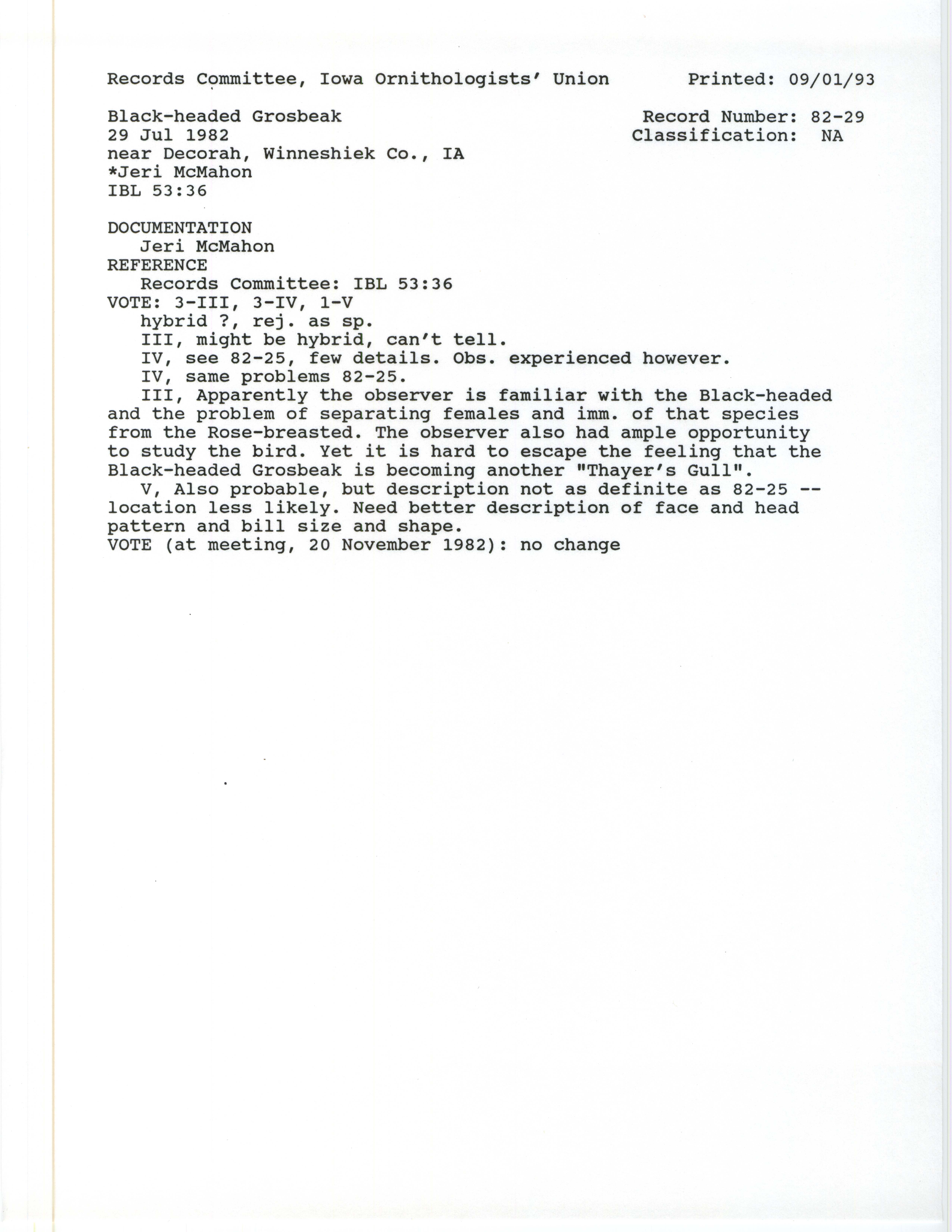 Records Committee review for rare bird sighting for Black-headed Grosbeak at Decorah, 1982