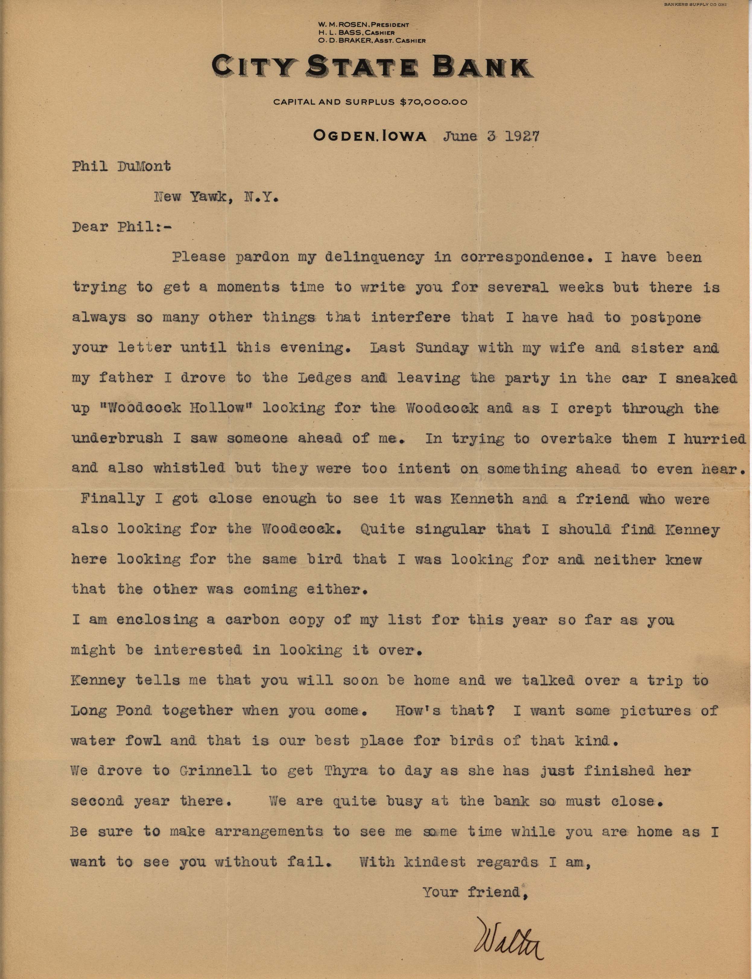 Walter Rosene letter to Philip DuMont regarding seeing Kenneth Nelson at the Ledges, June 3, 1927