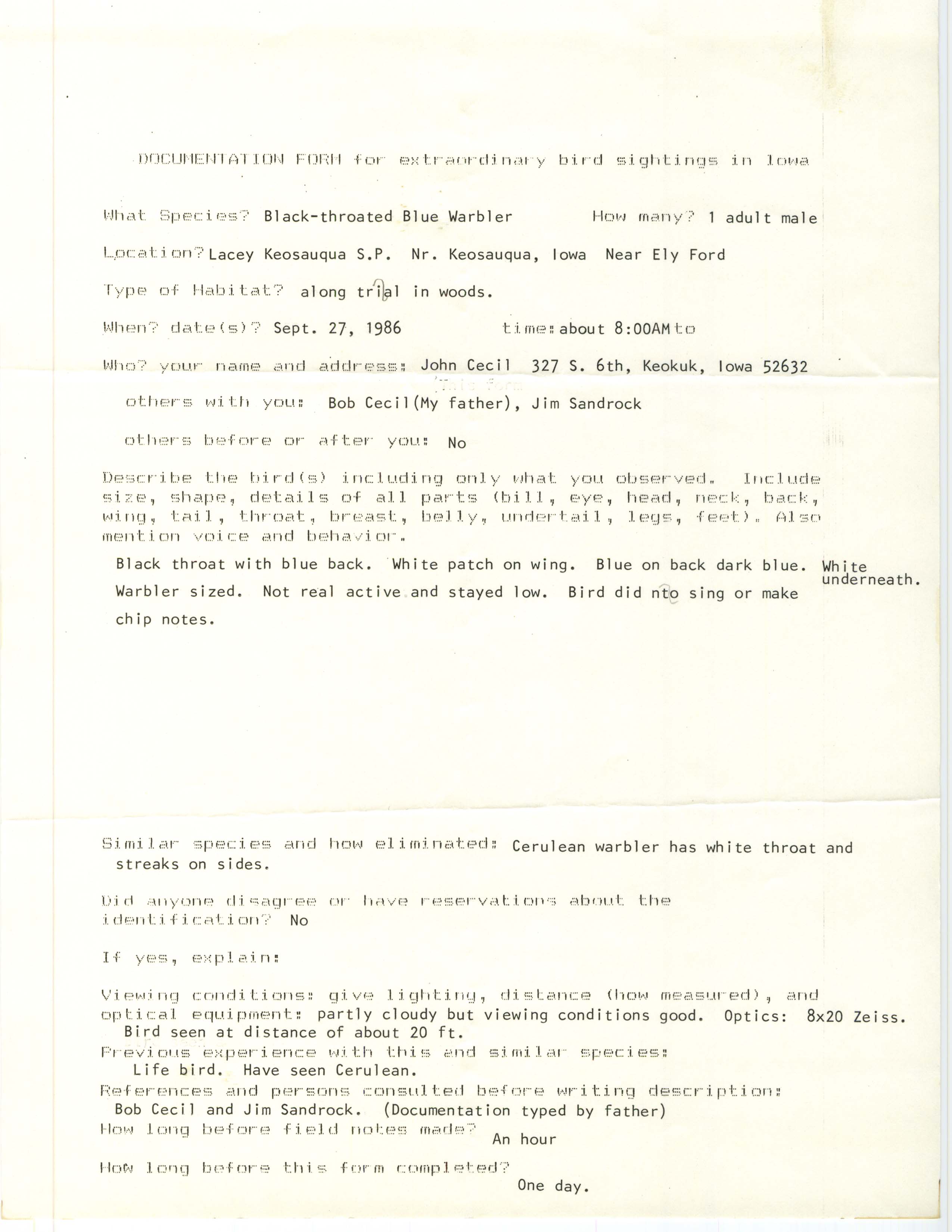 Rare bird documentation form for Black-throated Blue Warbler at Lacey-Keosauqua State Park, 1986
