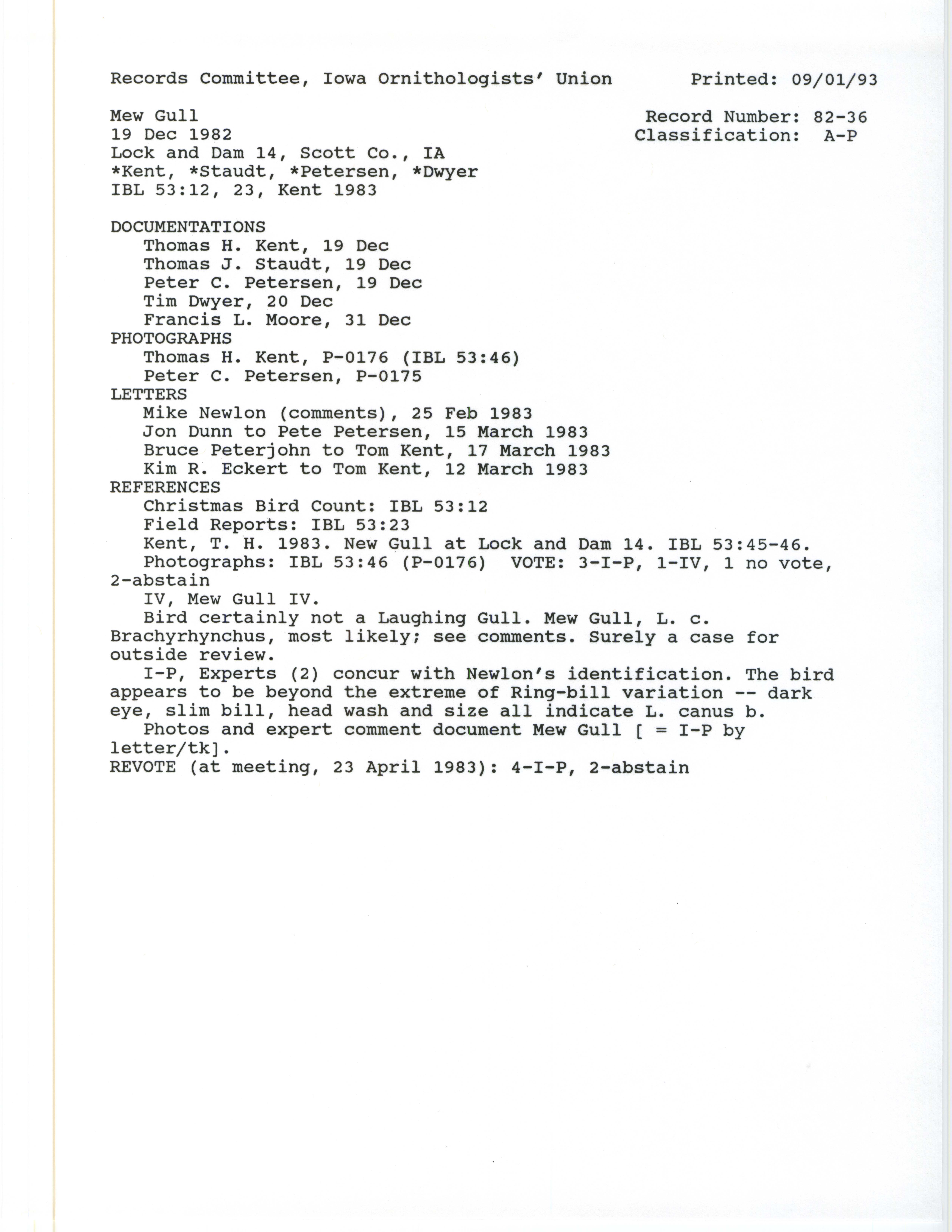 Records Committee review for rare bird sighting of Mew Gull at Lock and Dam 14, 1982