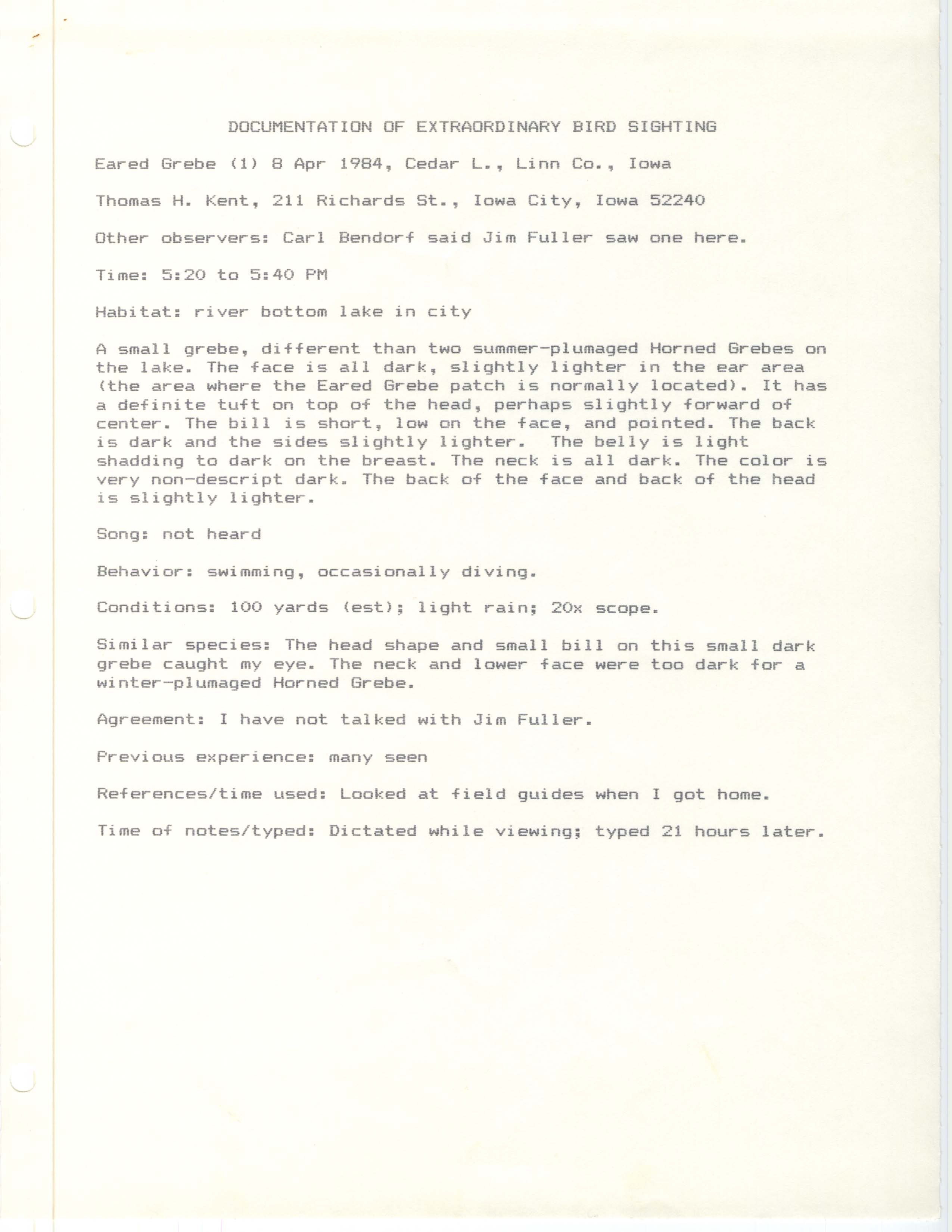 Rare bird documentation form for Eared Grebe at Cedar Lake, 1984