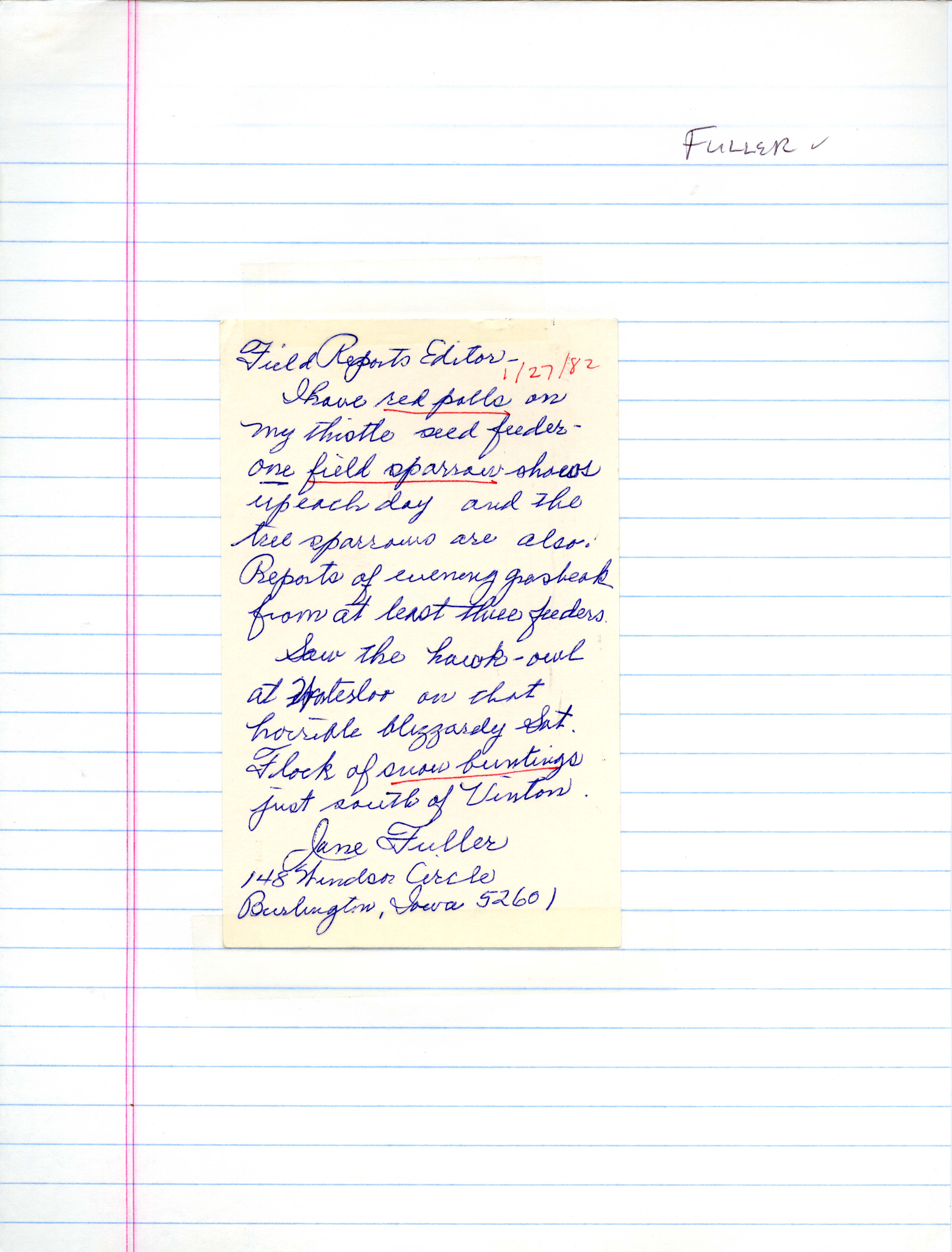 Jane Fuller letter to the Field Reports editor regarding field notes, January 27, 1982