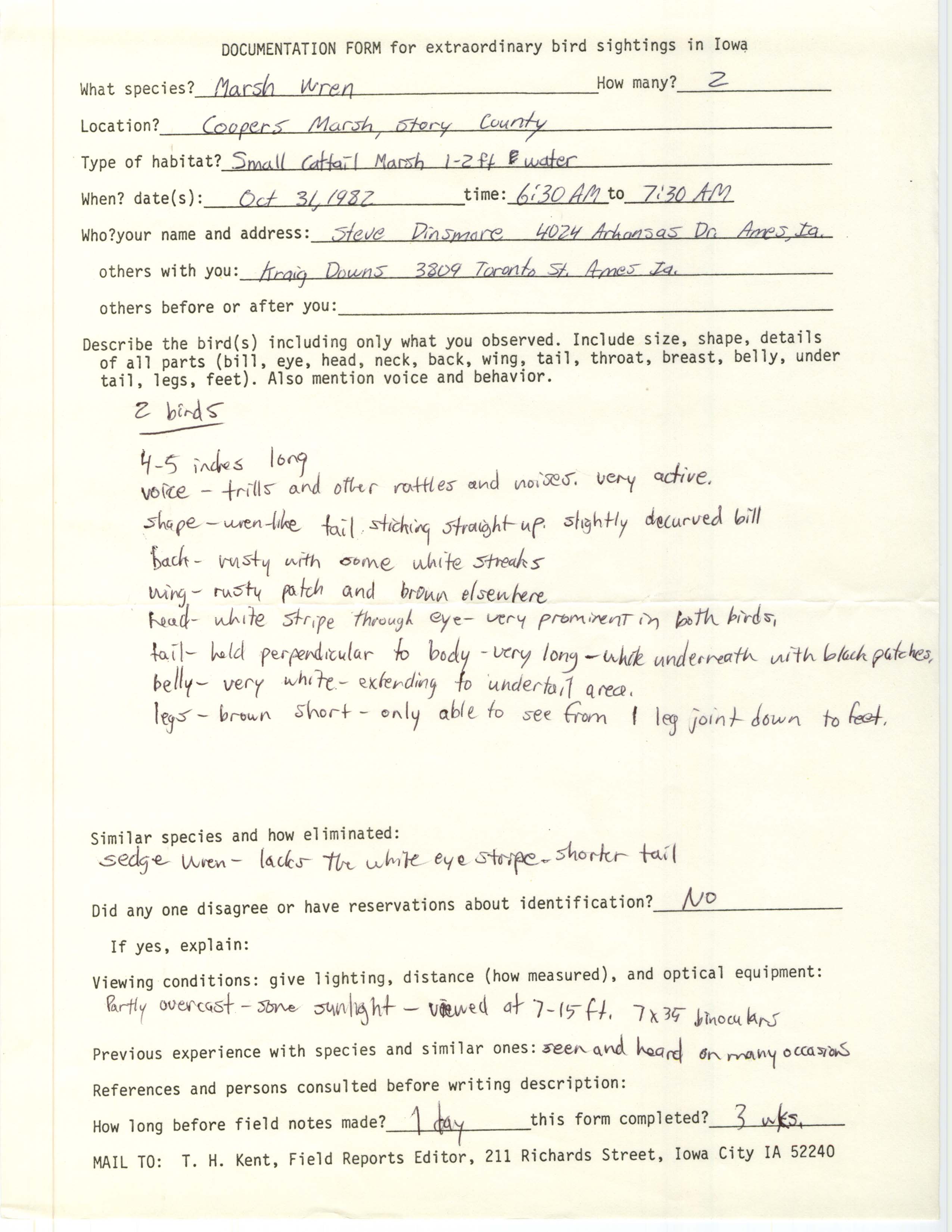 Rare bird documentation form for Marsh Wren at Cooper Prairie Marsh, 1982