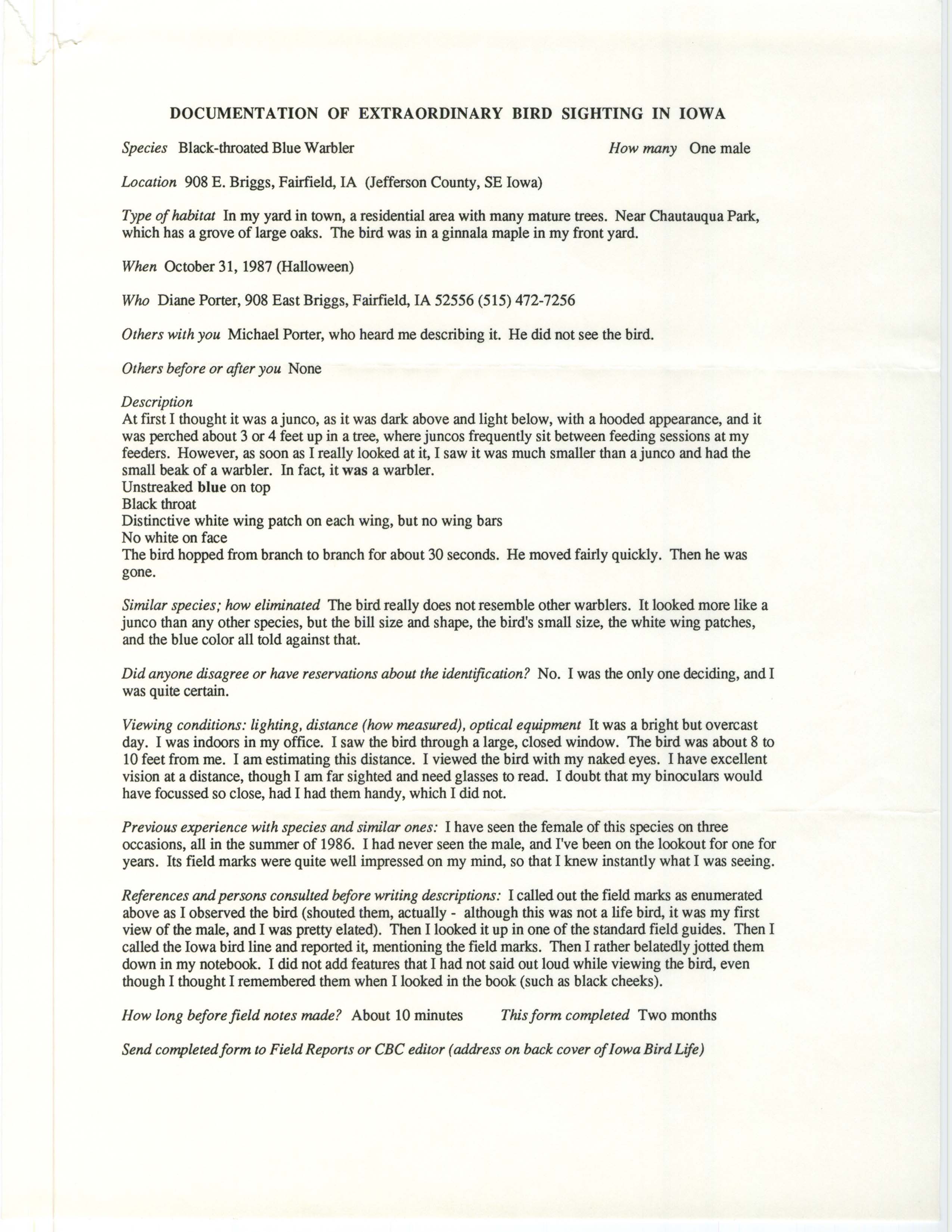 Rare bird documentation form for Black-throated Blue Warbler at Fairfield, 1987