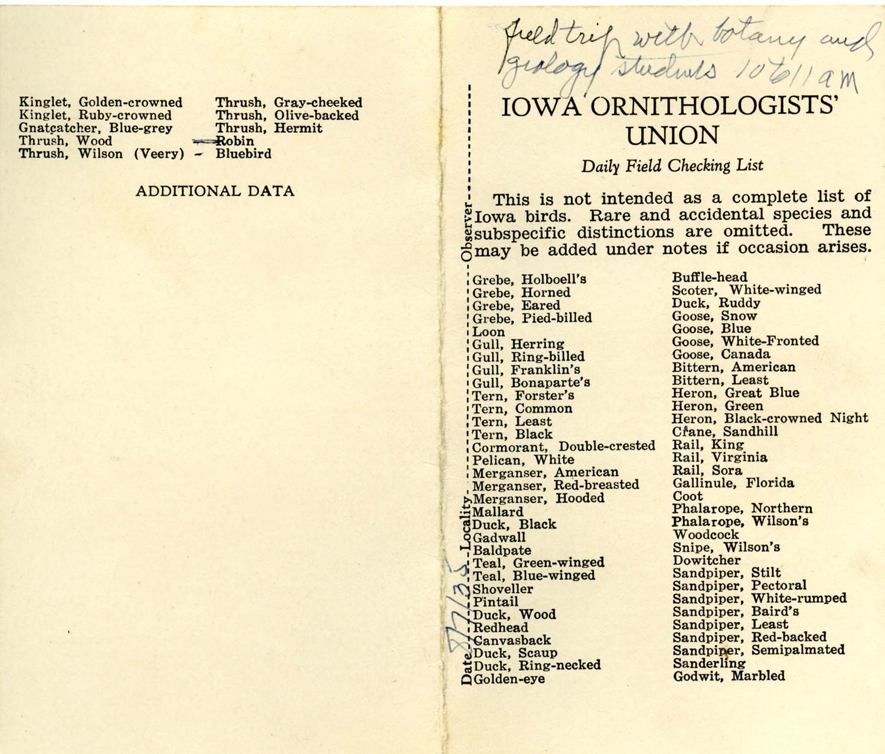 Daily field checking list, Walter Rosene, August 7, 1935
