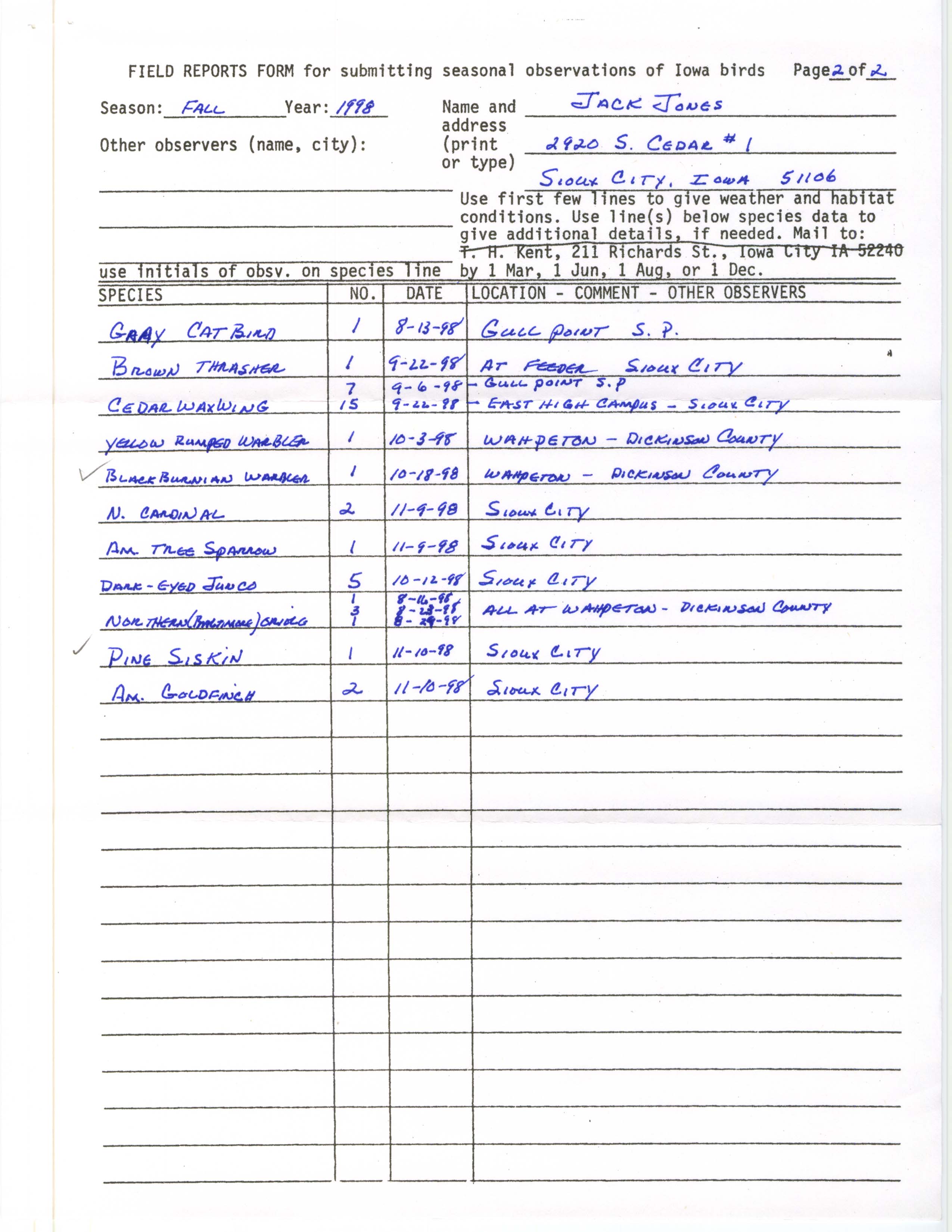Field reports form for submitting seasonal observations of Iowa birds, Jack Jones, fall 1998