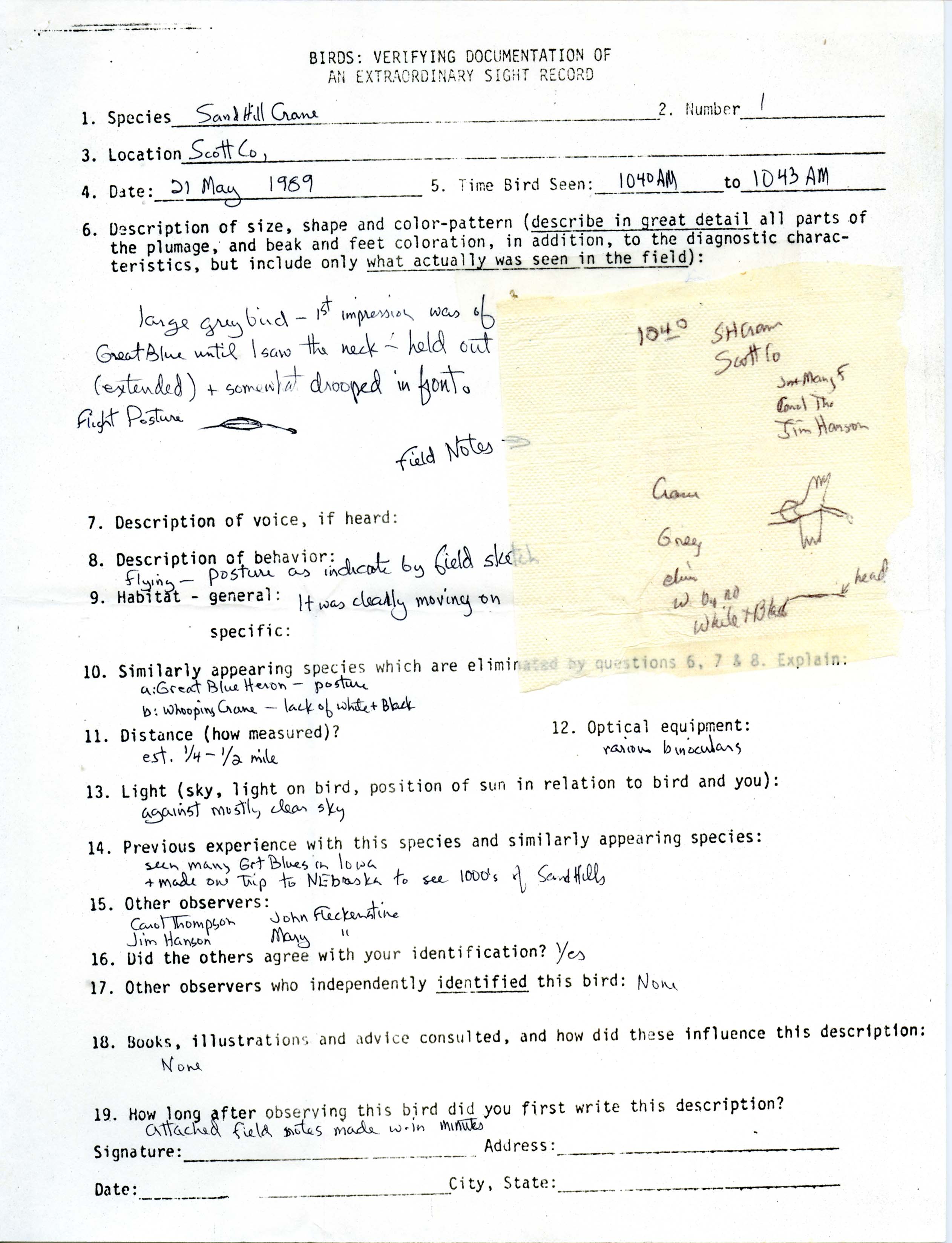 Rare bird documentation form for Sandhill Crane at Scott County, 1989