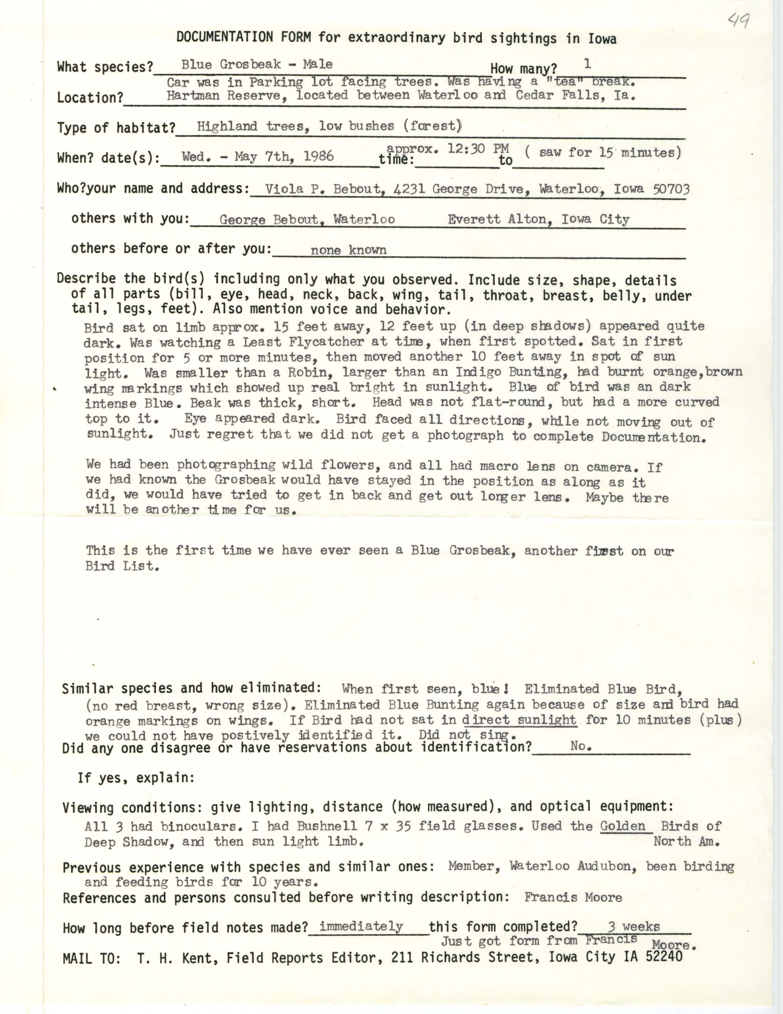 Rare bird documentation form for Blue Grosbeak at the Hartman Reserve Nature Center, 1986