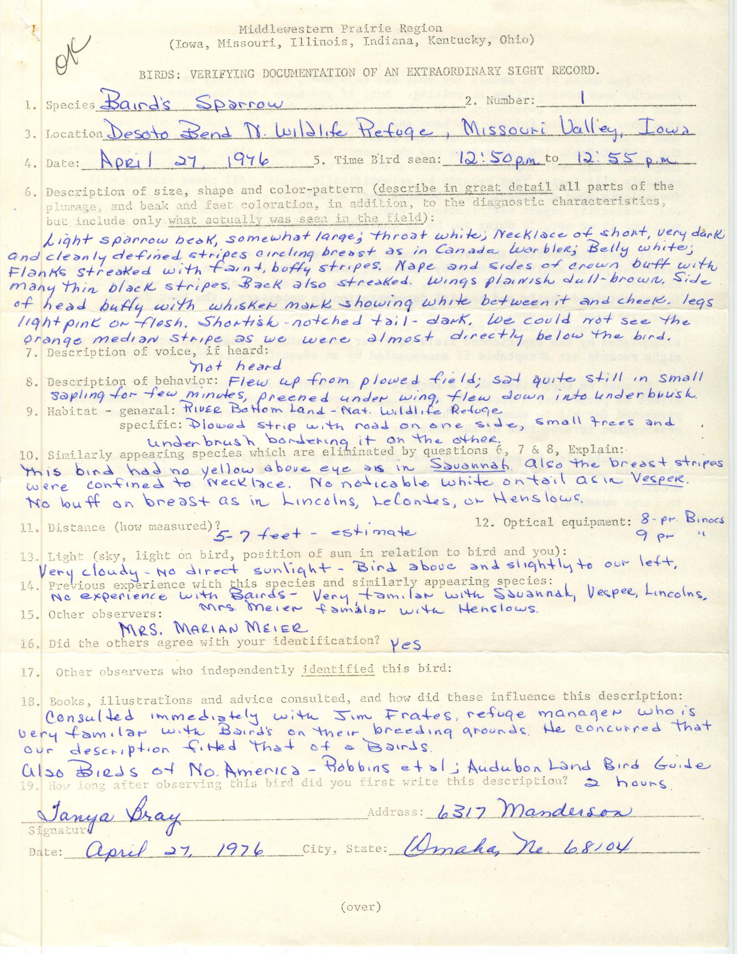 Rare bird documentation form for Baird's Sparrow at DeSoto Bend National Wildlife Refuge, 1976
