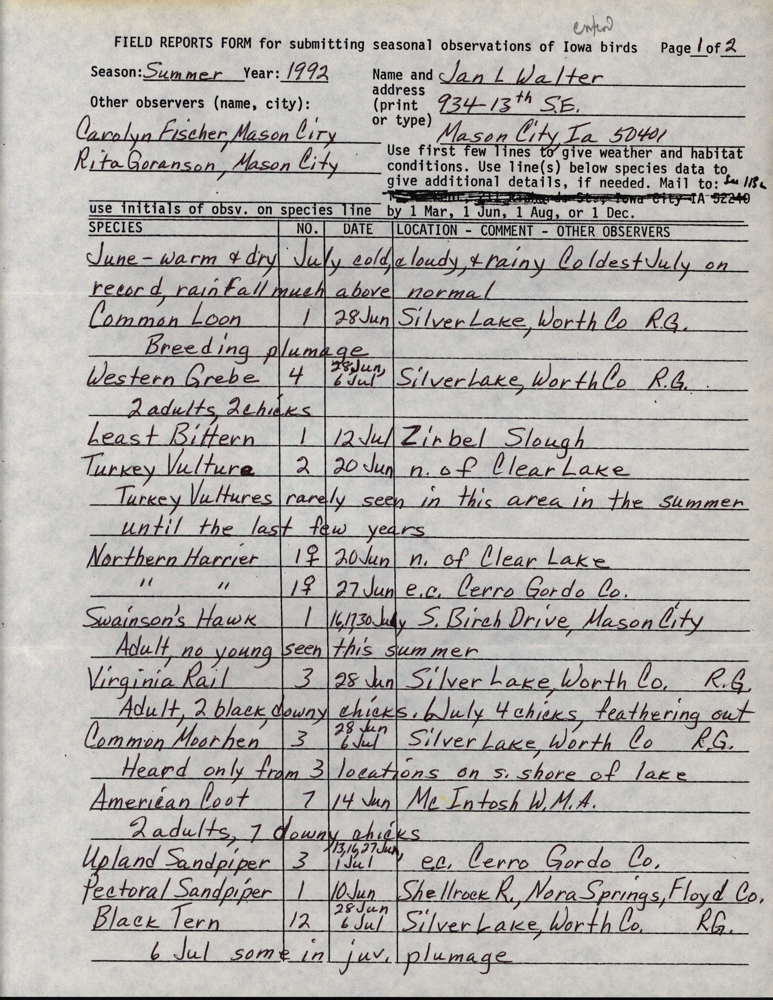 Field reports form for submitting seasonal observations of Iowa birds, Jan L. Walter, summer 1992