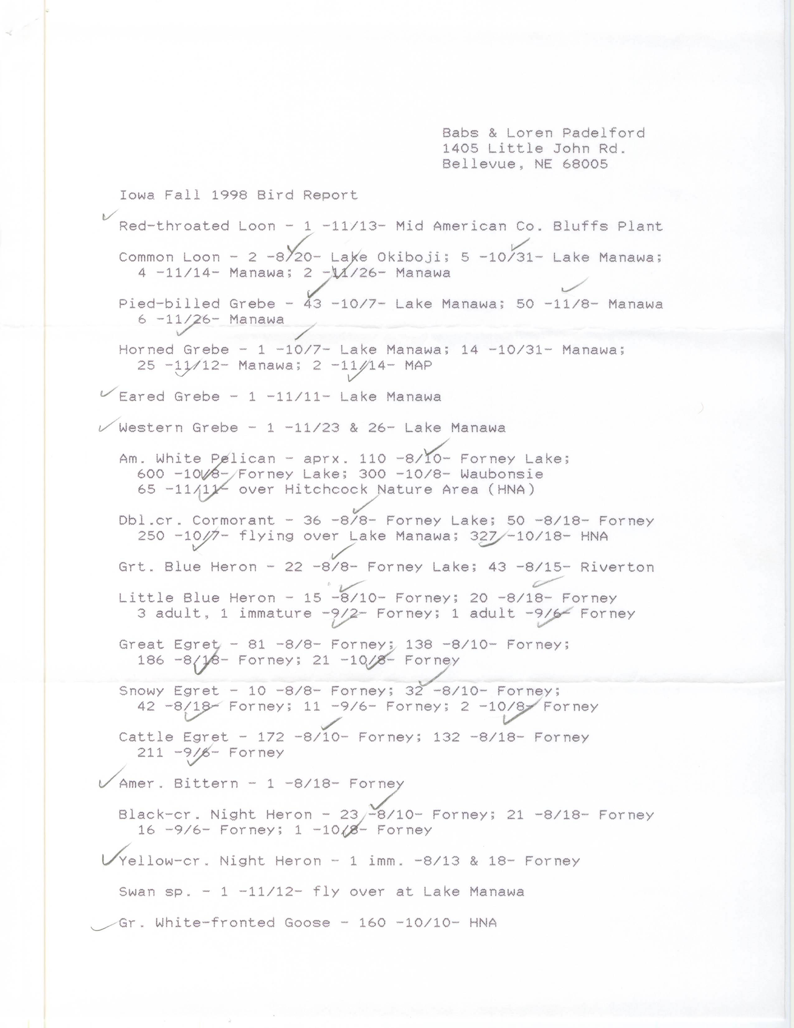 Field notes contributed by Babs Padelford and Loren Padelford, fall 1998