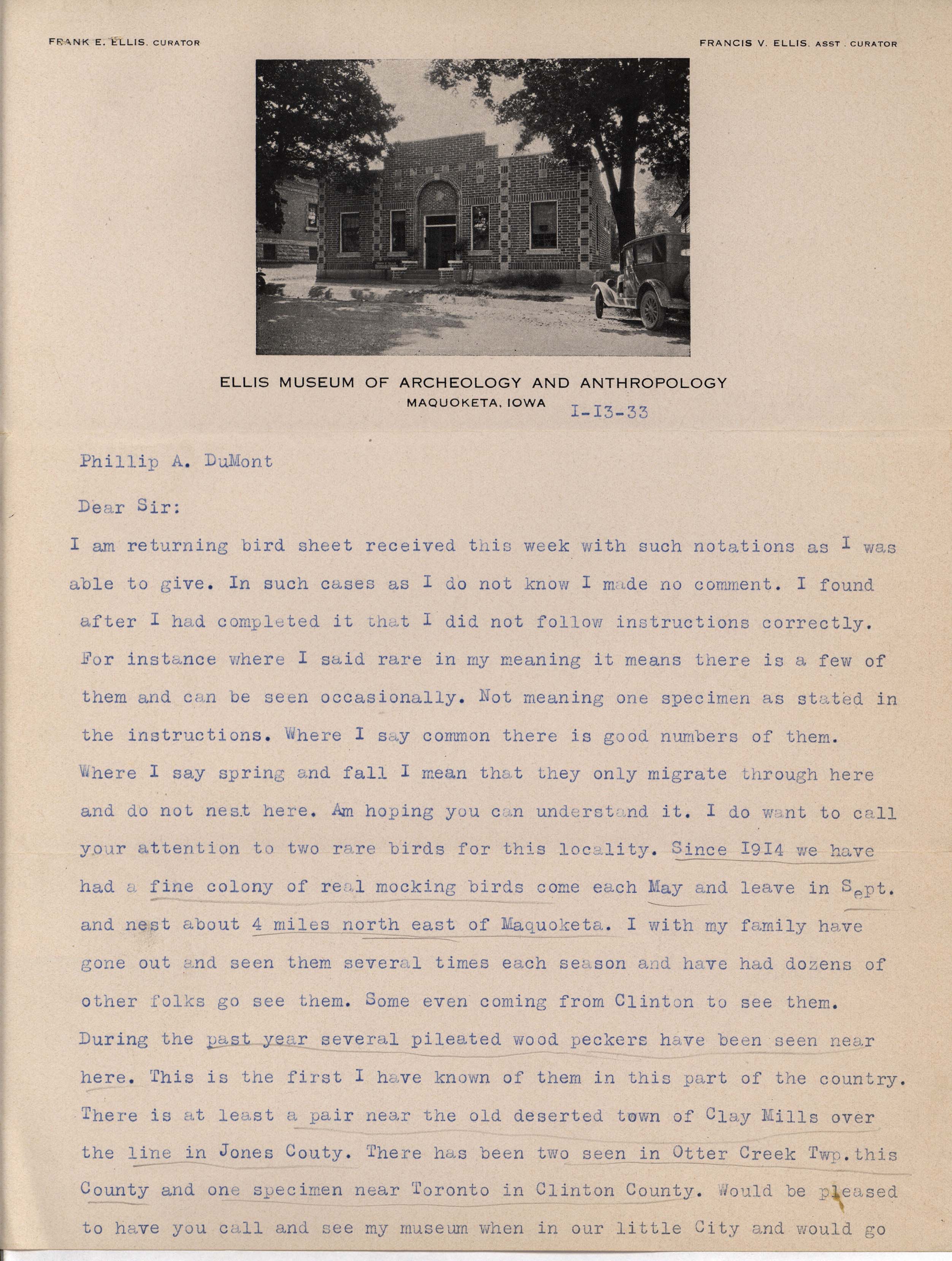 Frank Ellis letter to Philip DuMont regarding bird specimens, January 13, 1933