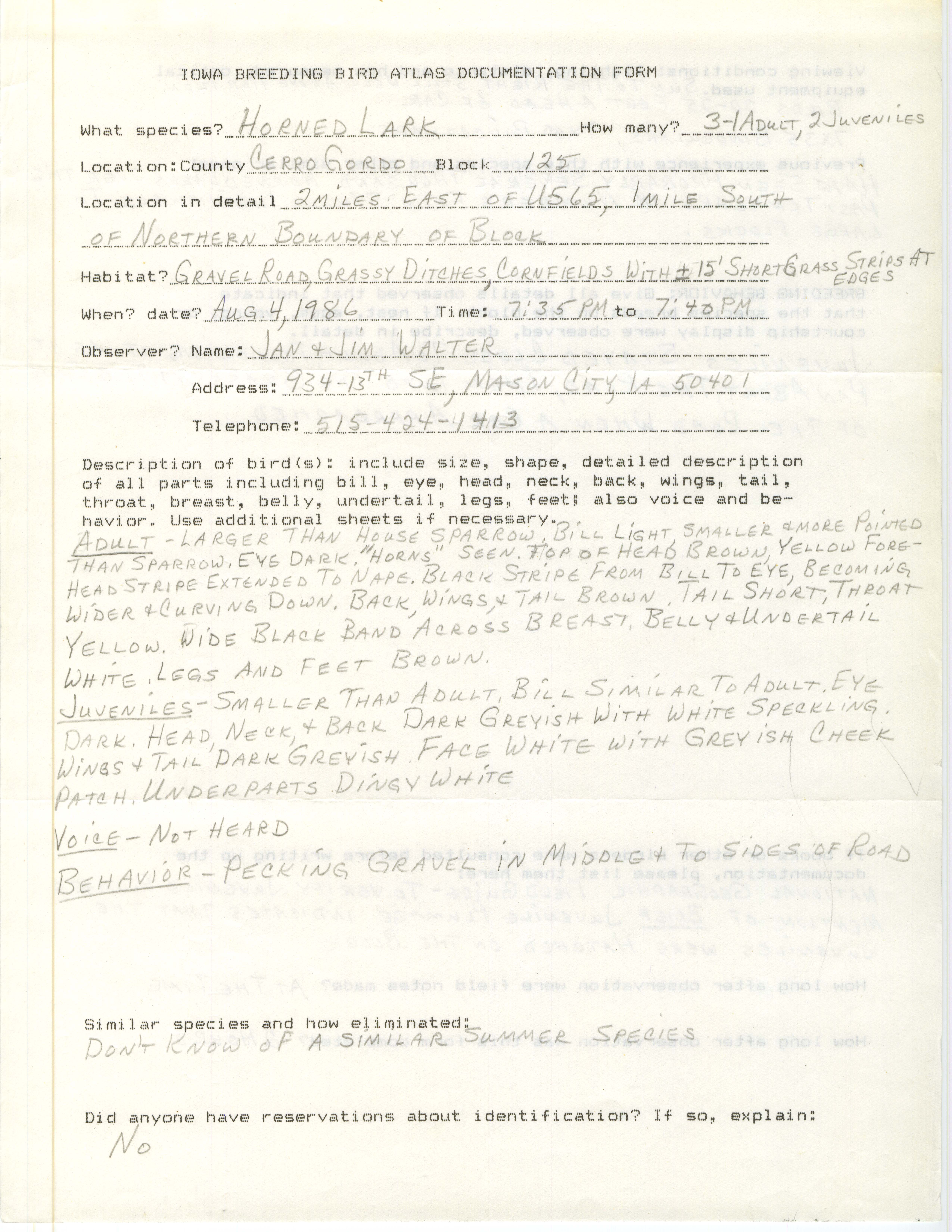 Iowa Breeding Bird Atlas documentation form, Jan L. Walter and Jim B. Walter, August 4, 1986