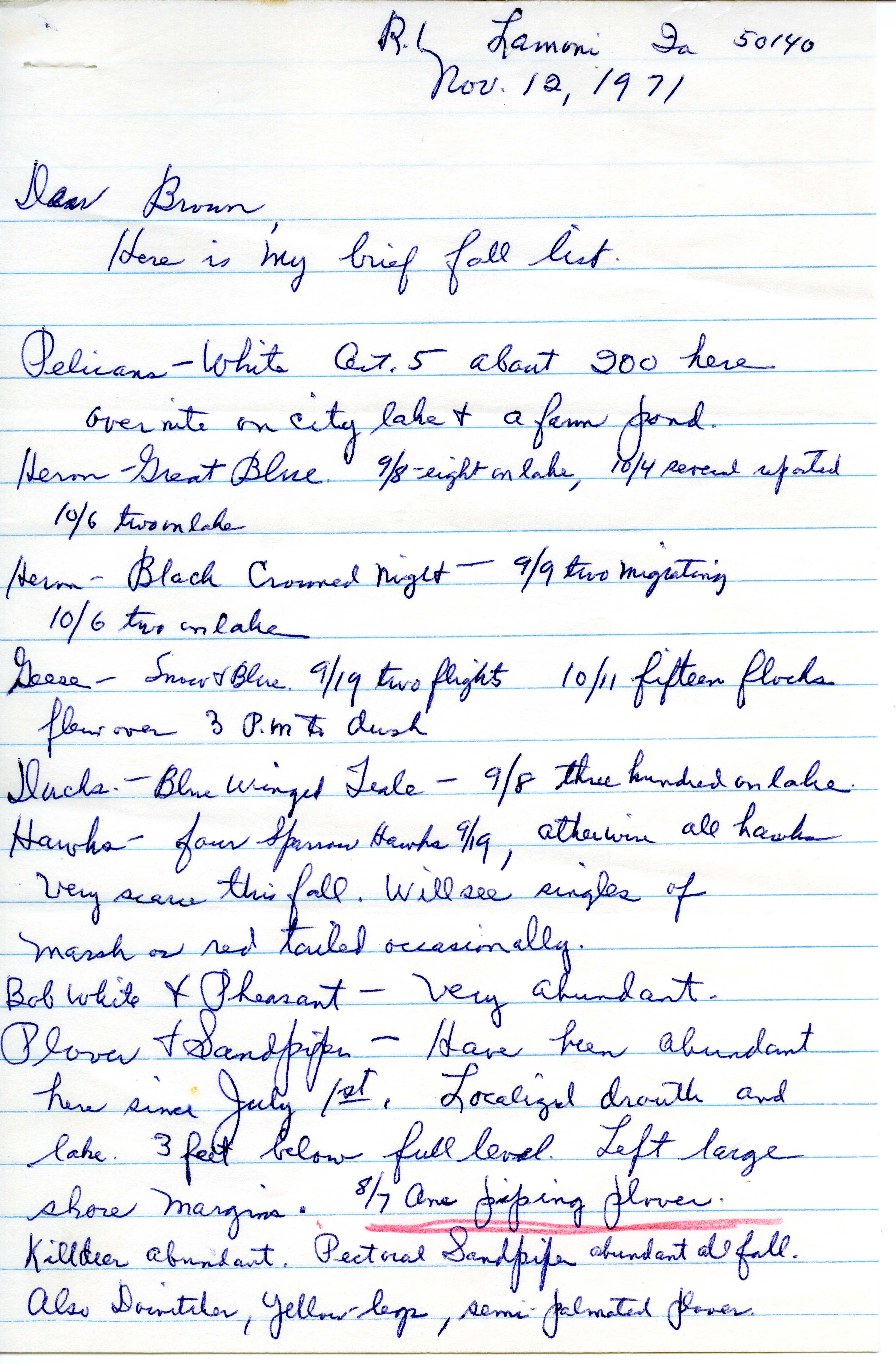 J. Donald Gillaspey letter to Woodward H. Brown regarding birds sighted during fall 1971, November 12, 1971