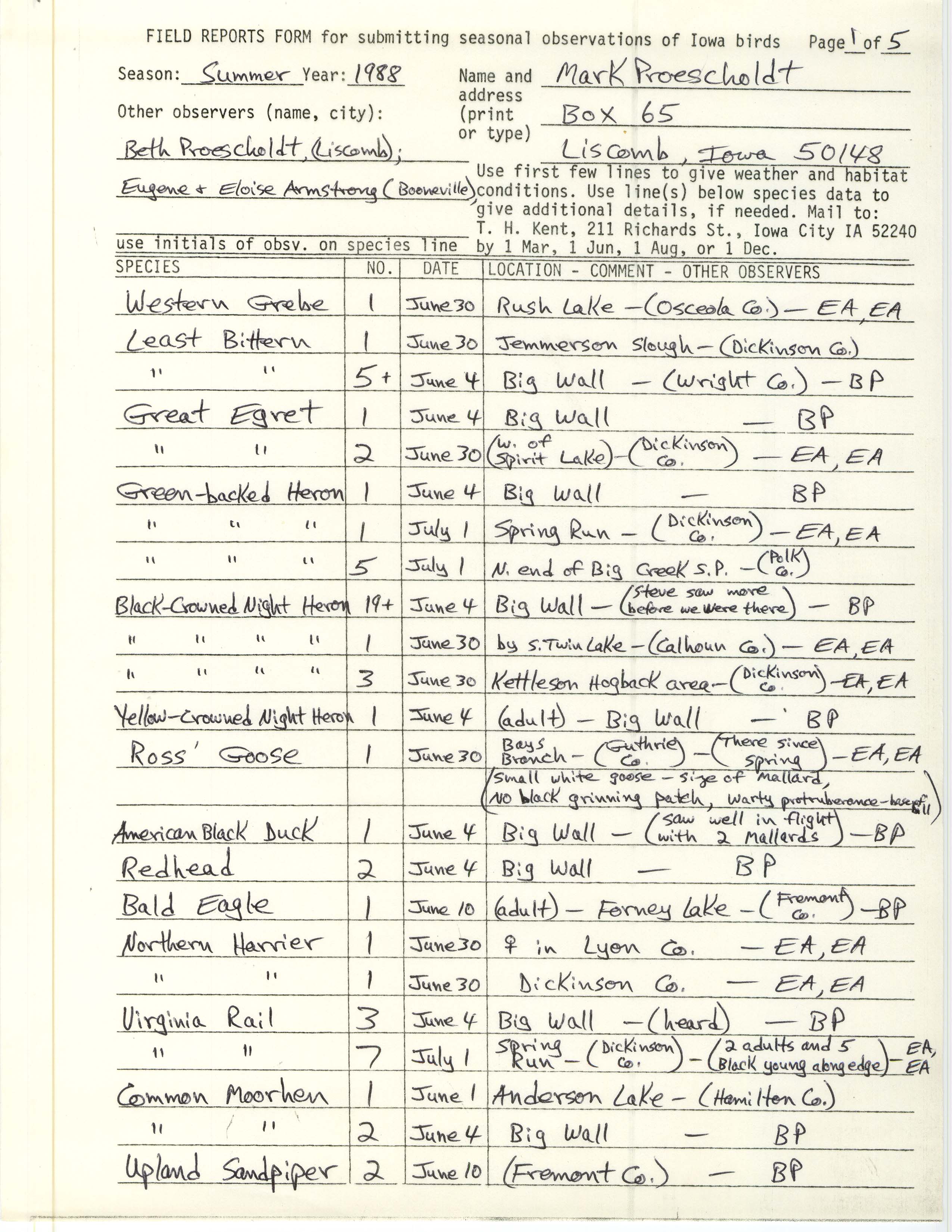 Field reports form for submitting seasonal observations of Iowa birds, Mark Proescholdt, summer 1988