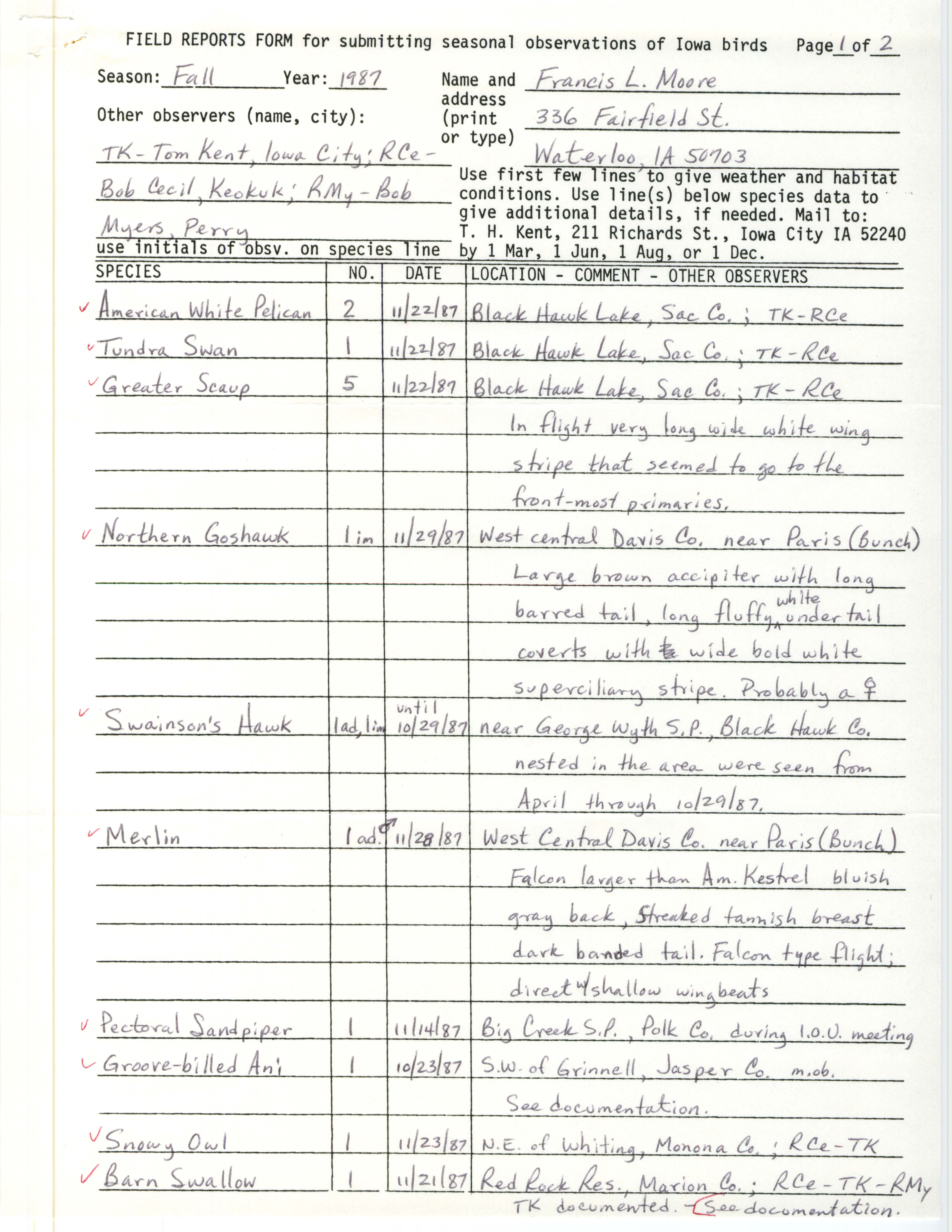 Field reports form for submitting seasonal observations of Iowa birds, Francis L. Moore, fall 1987
