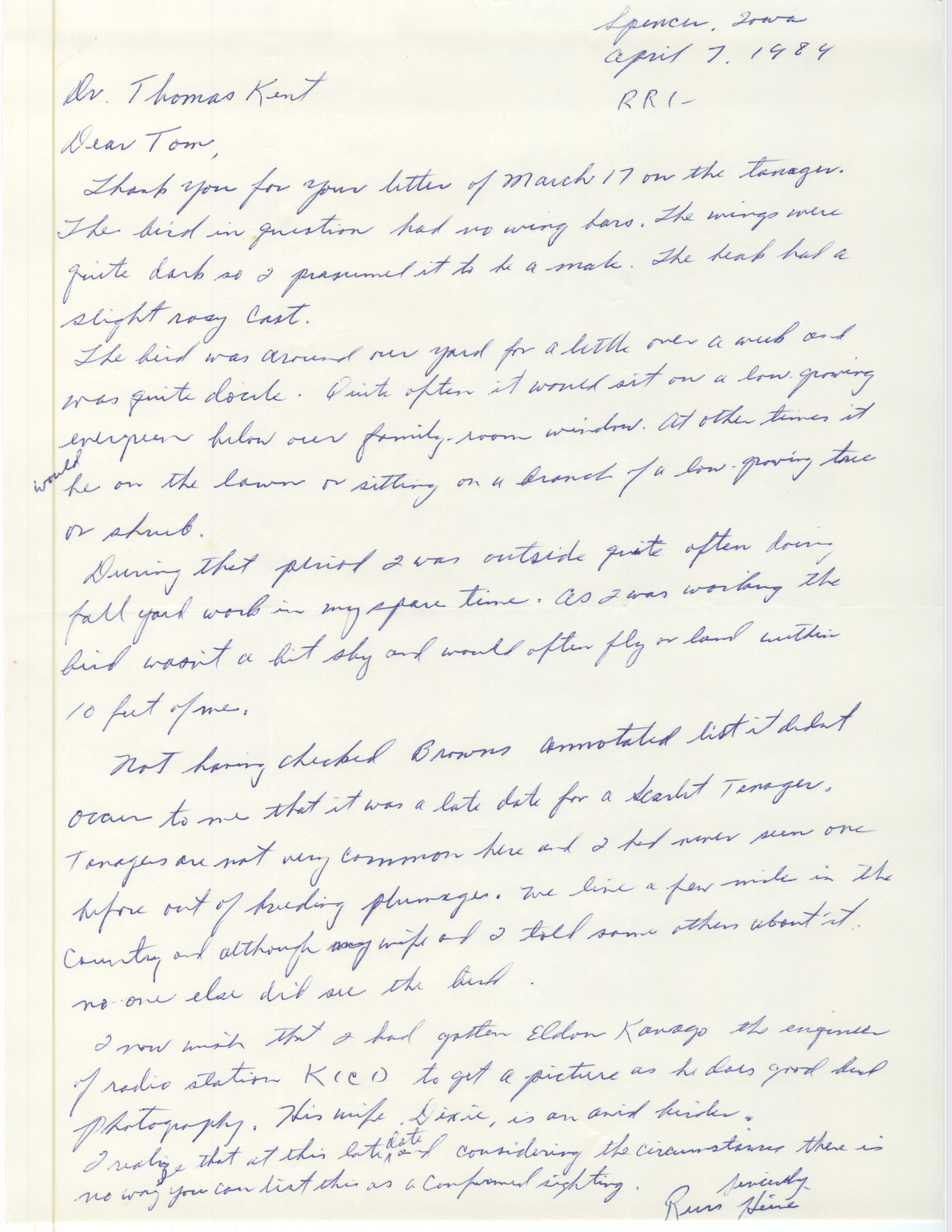 Russell Heine letter to Thomas H. Kent regarding details on late sighting of a Scarlet Tanager, April 7, 1984