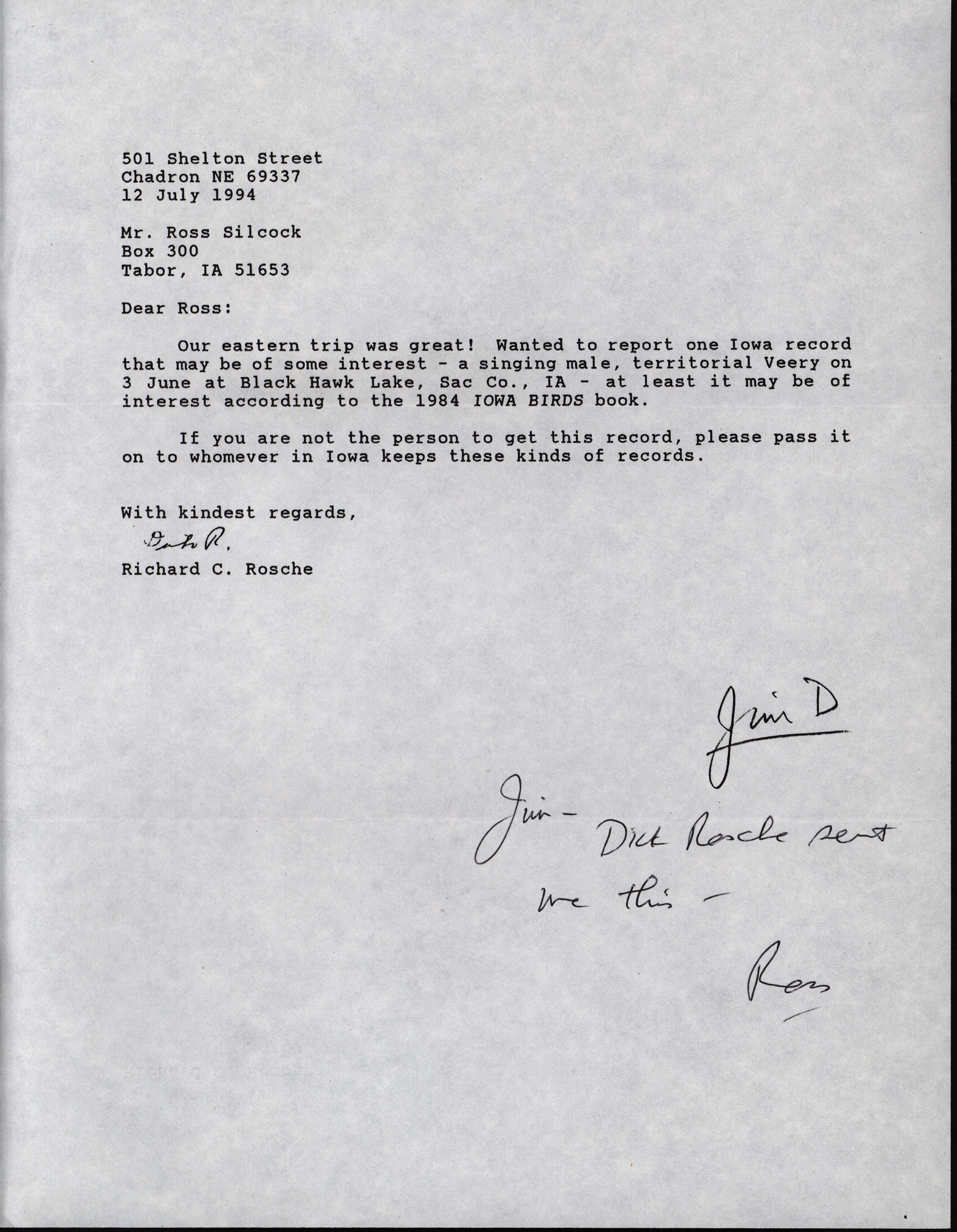 Richard Rosche letter to Ross Silcock regarding Veery sighting, July 12, 1994