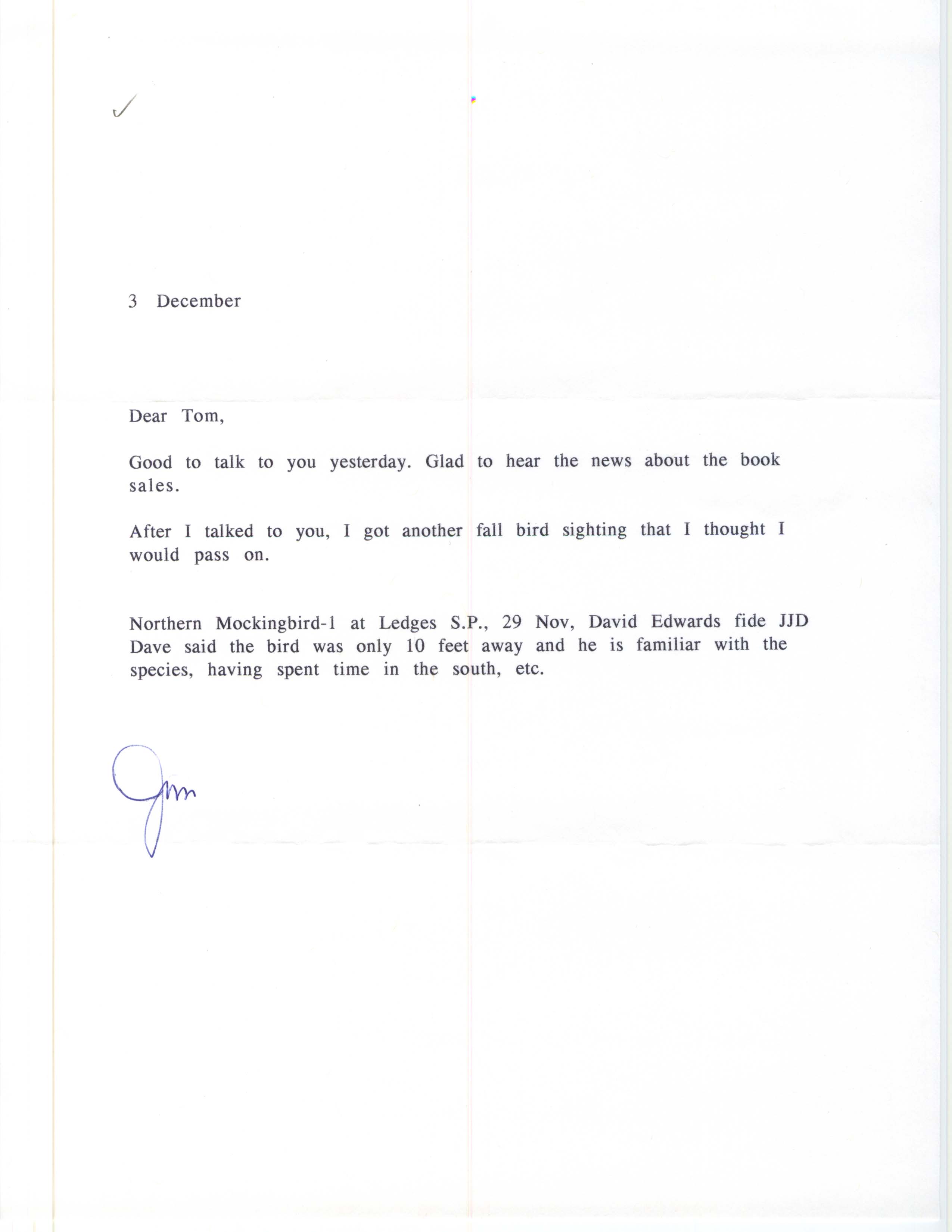 James J. Dinsmore letter to Thomas H. Kent regarding a Northern Mockingbird sighting, December 3, 1997