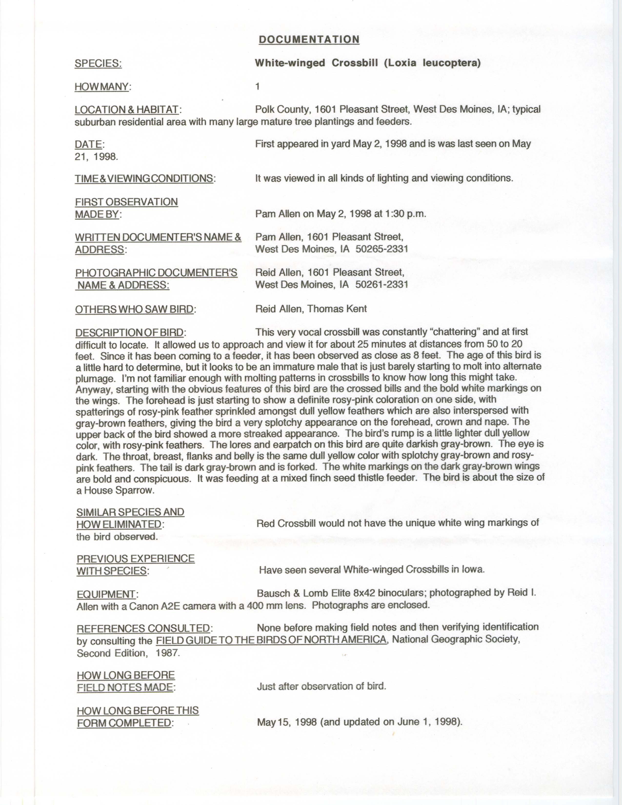 Rare bird documentation form for White-winged Crossbill at West Des Moines in 1998