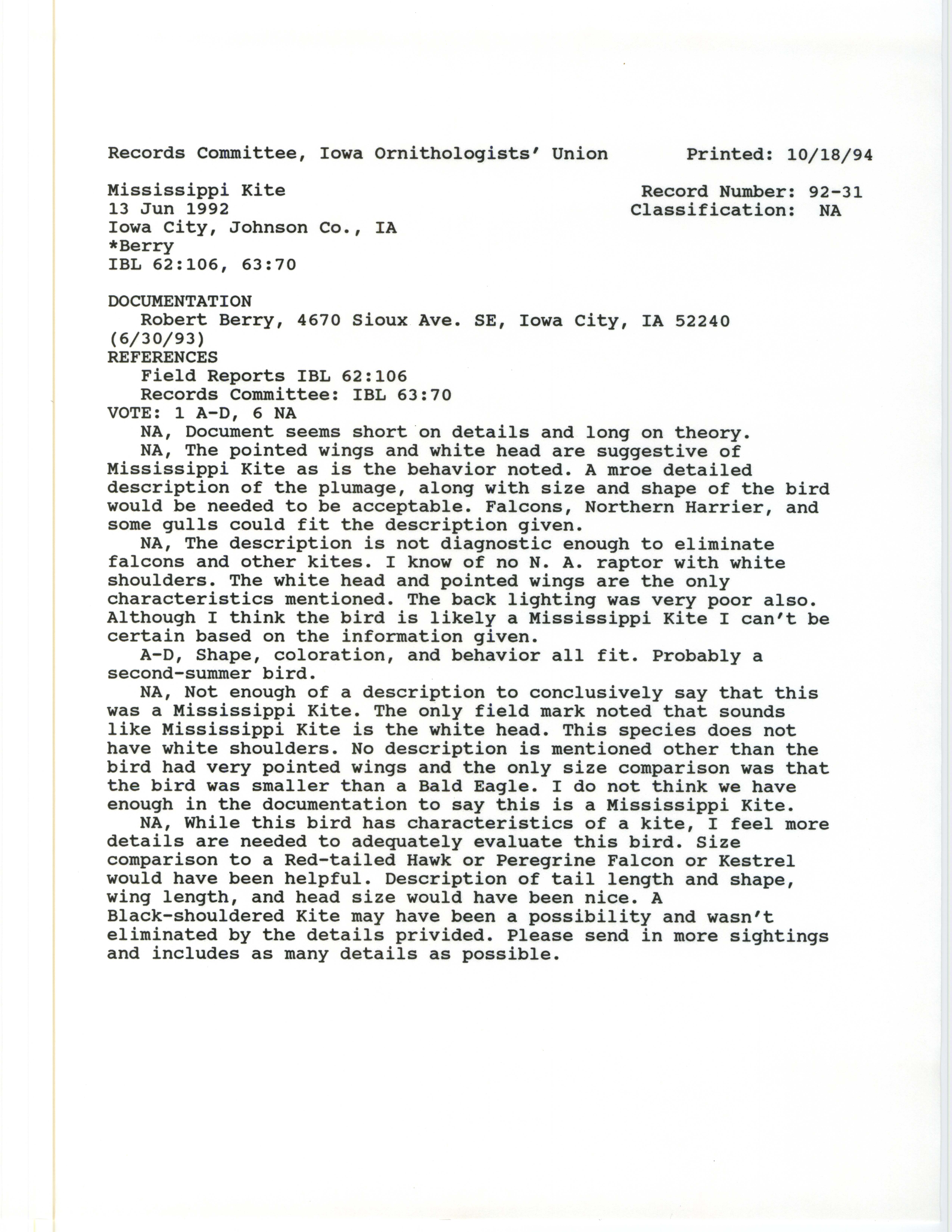 Records Committee review for rare bird sighting of Mississippi Kite at Iowa City, 1992