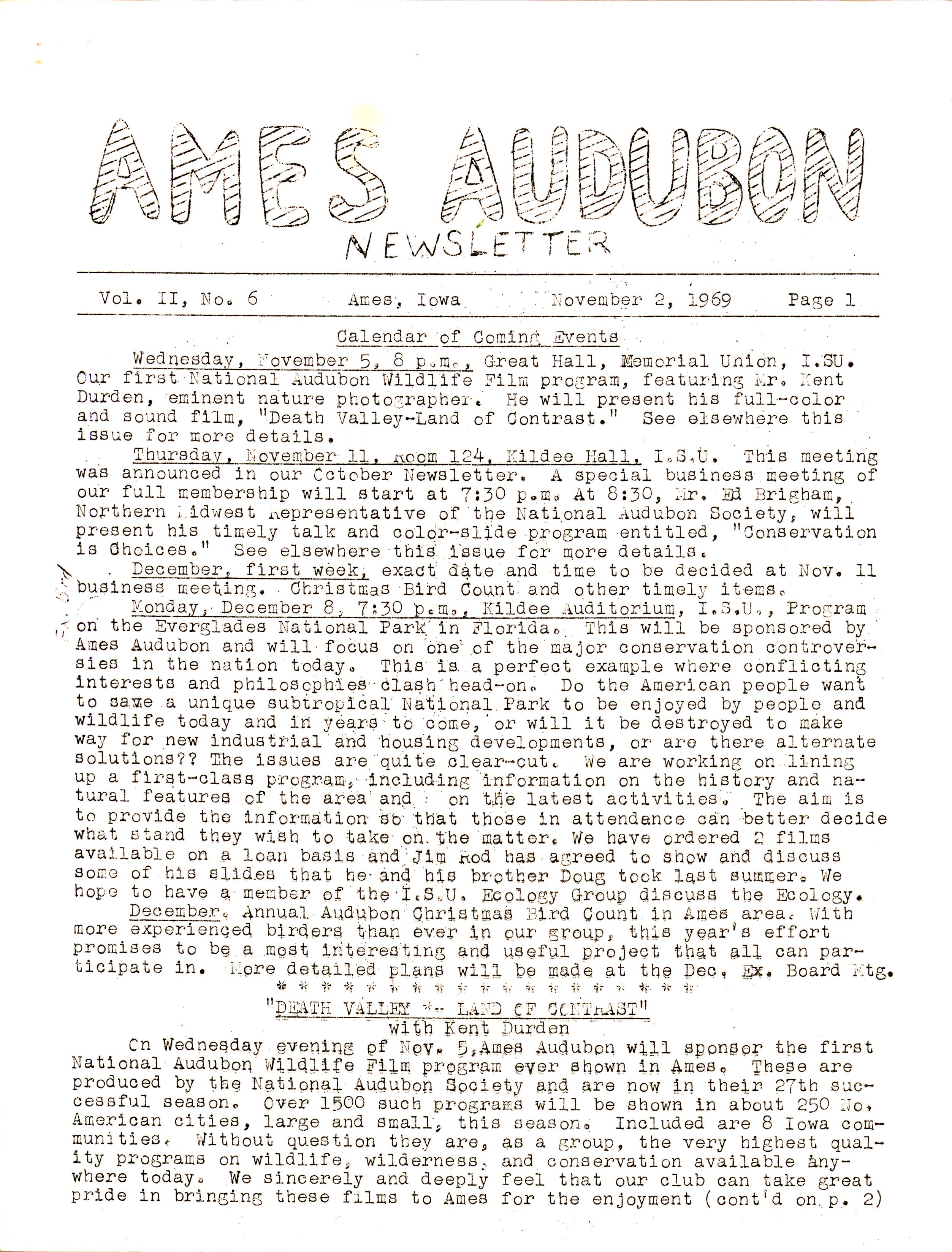 Ames Audubon Newsletter, Volume 2, Number 6, November 2, 1969
