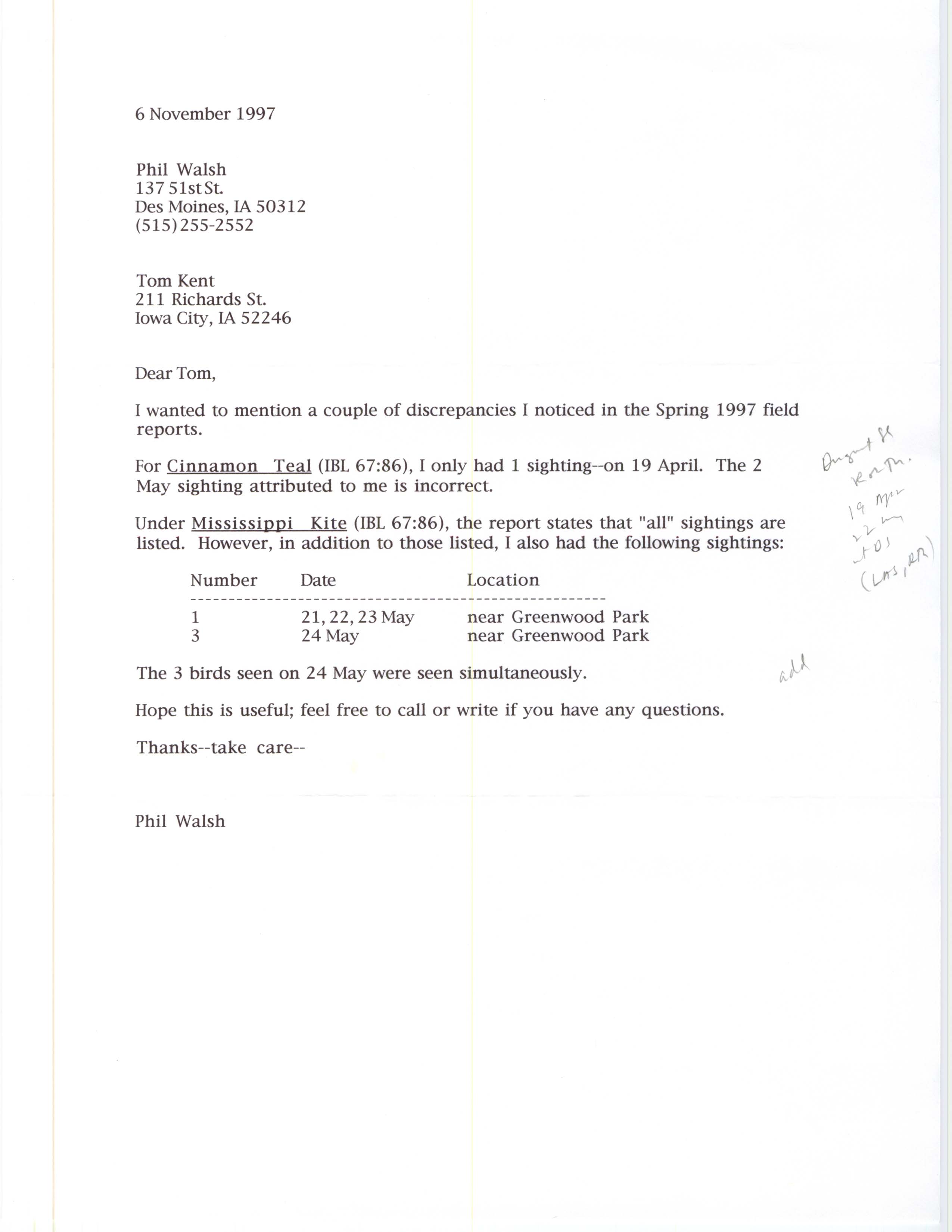 Philip J. Walsh letter to Thomas H. Kent regarding discrepancies in the spring 1997 field reports, November 6, 1997
