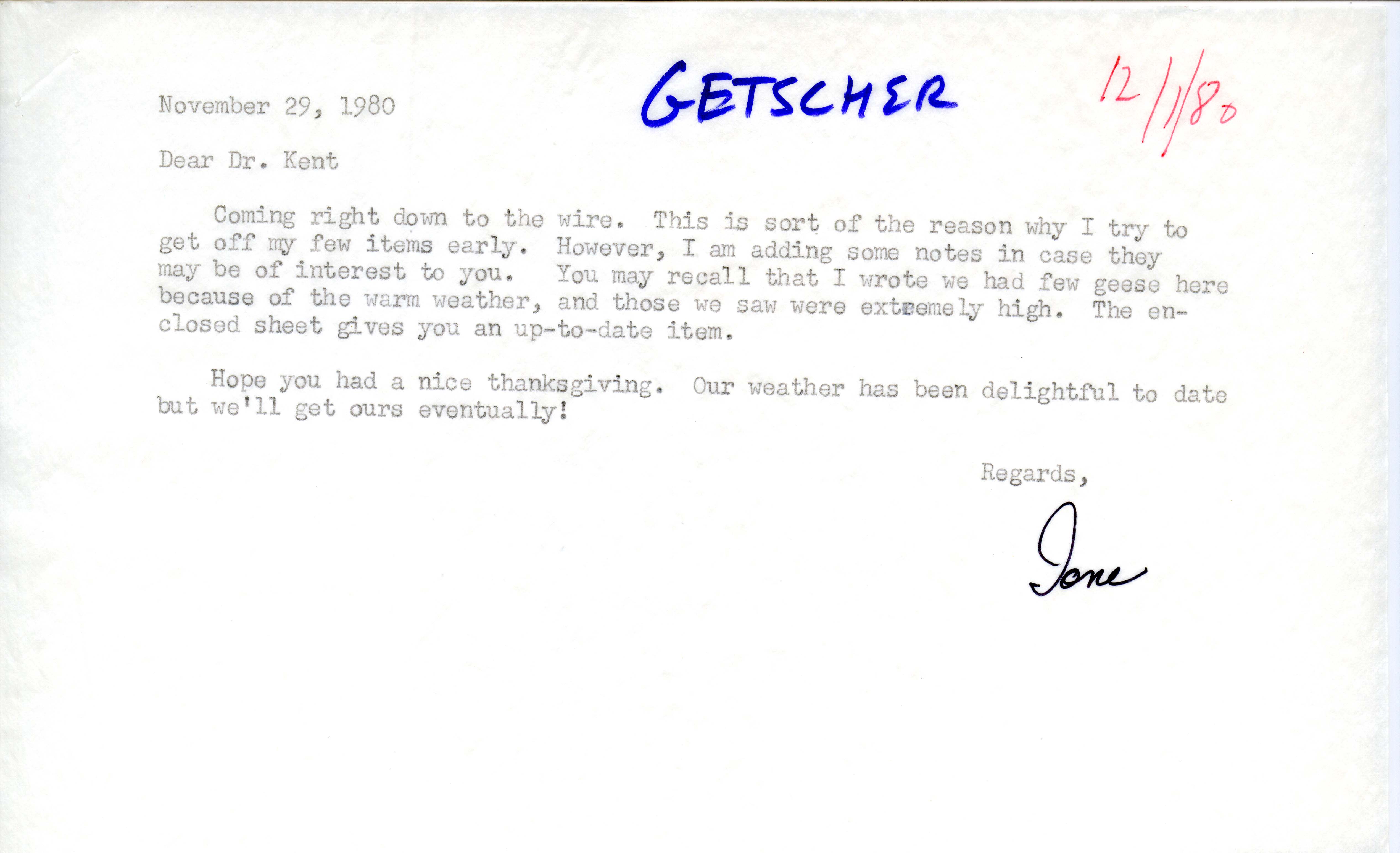 Ione Getscher letter to Thomas Kent regarding Geese and other birds sighted, November 29, 1980