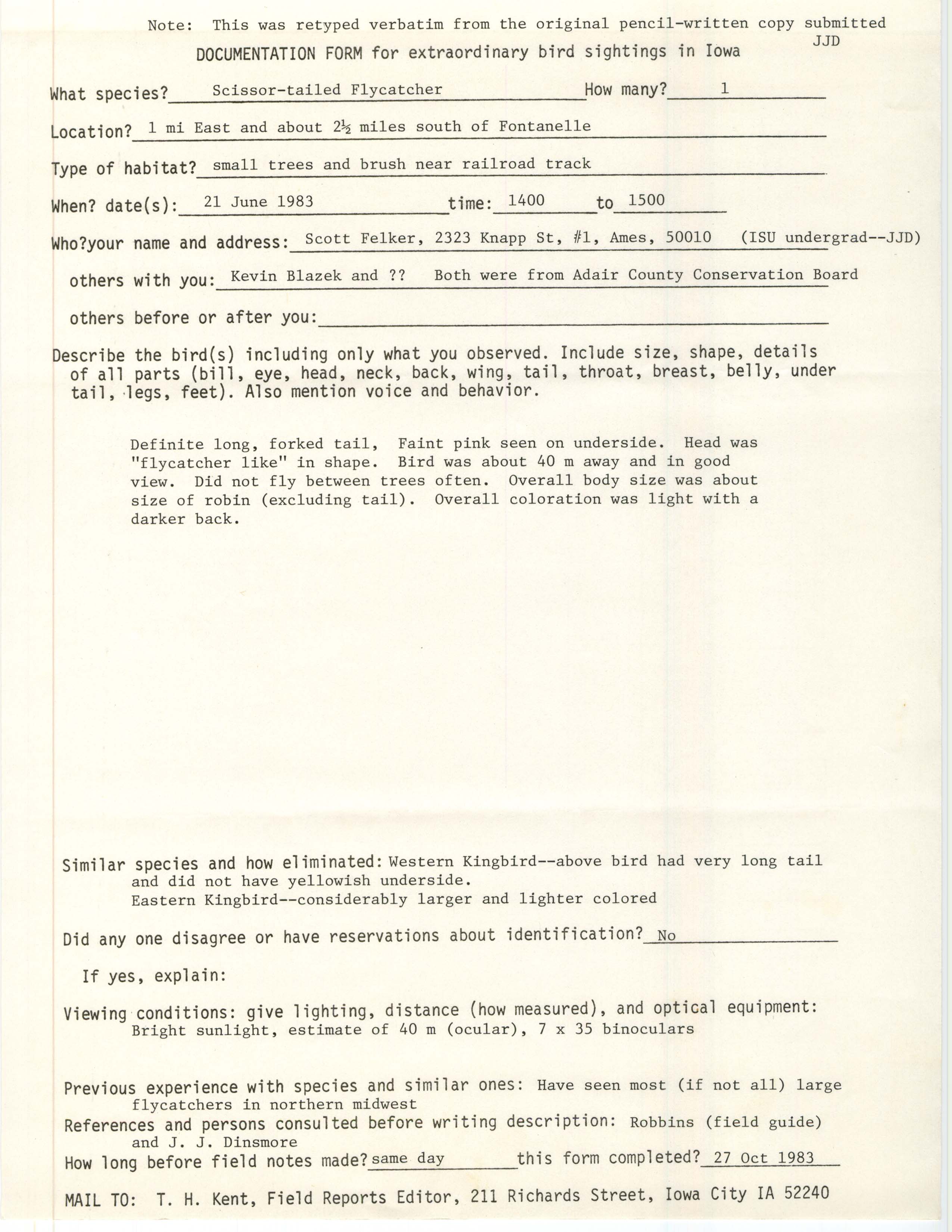 Rare bird documentation form for Scissor-tailed Flycatcher east and south of Fontanelle, 1983