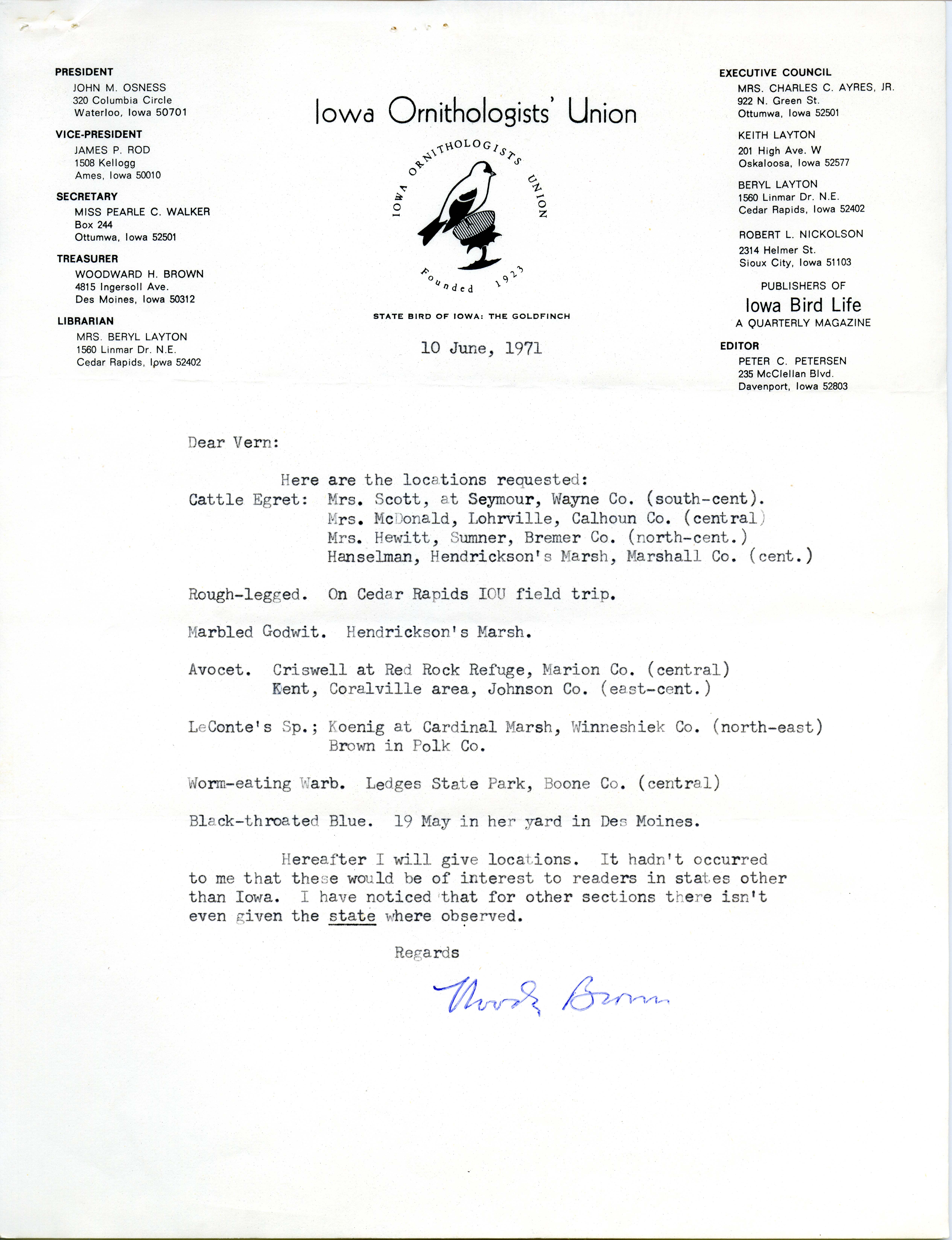 Woodward H. Brown letter to Vernon M. Kleen regarding locations of bird sightings, June 10, 1971