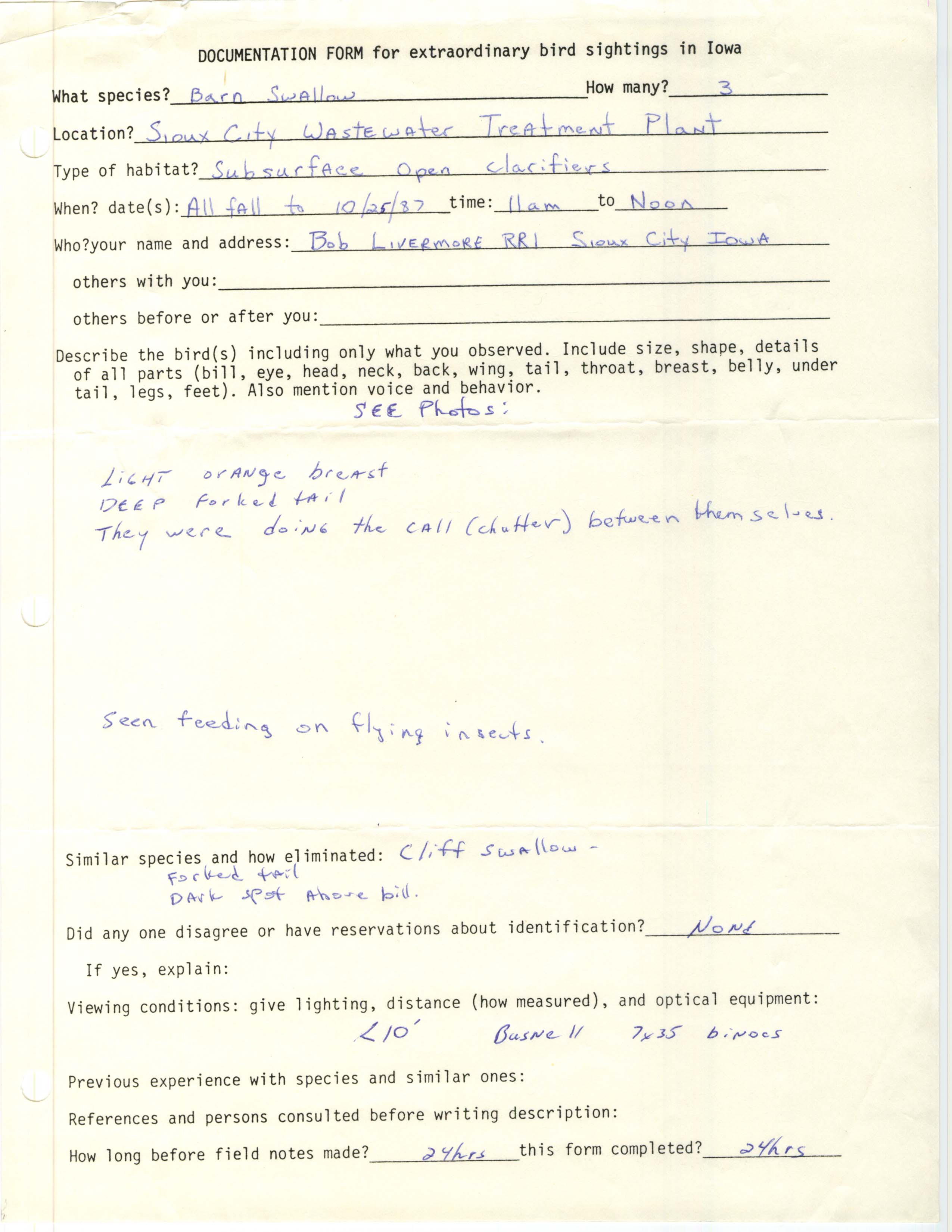 Rare bird documentation form for Barn Swallow at Sioux City Wastewater Treatment Plant in 1987