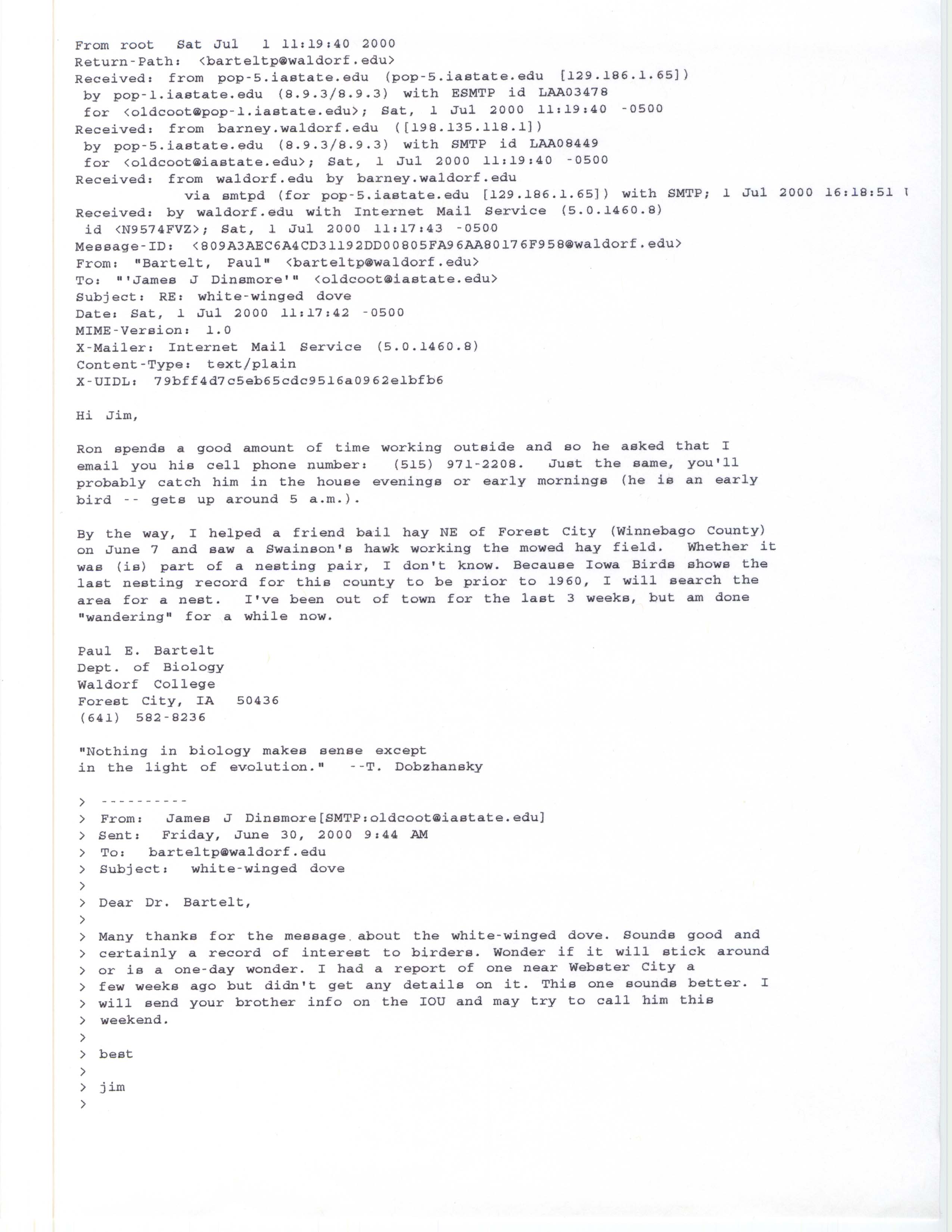 Paul Bartelt email to James J. Dinsmore regarding a Swainson's Hawk sighting, July 1, 2000