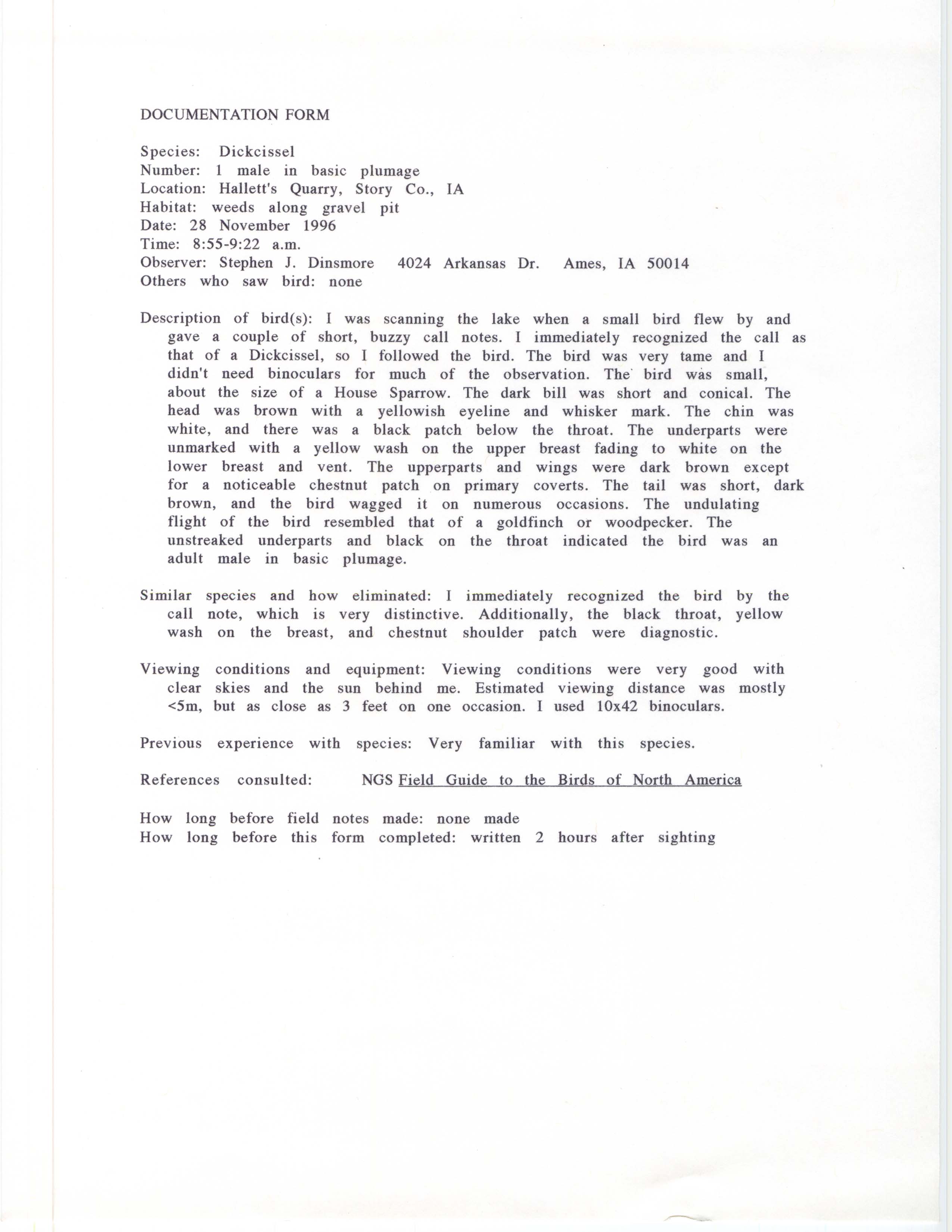 Rare bird documentation form for Dickcissel at Hallet's Quarry at Ames, 1996
