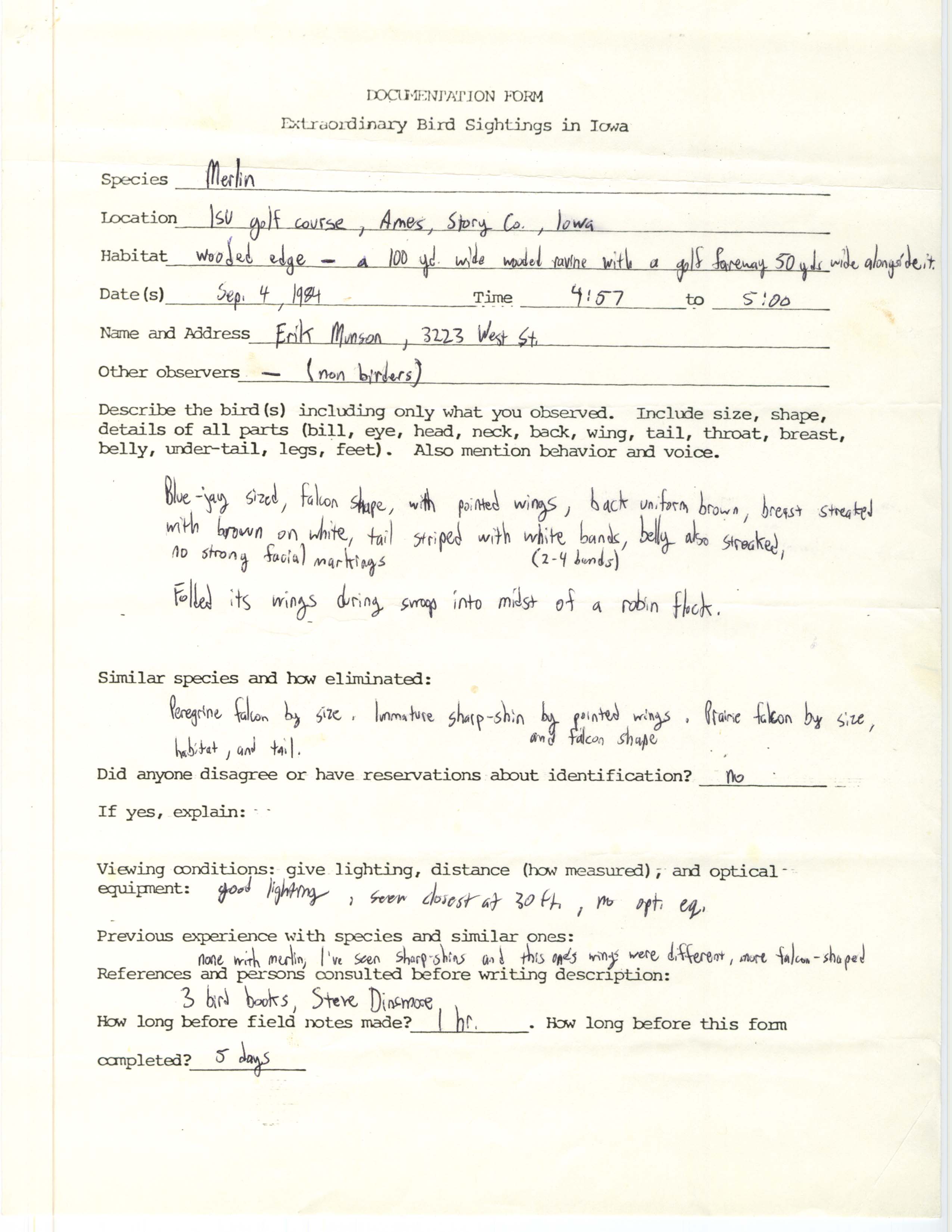 Rare bird documentation form for Merlin at ISU golf course, 1984