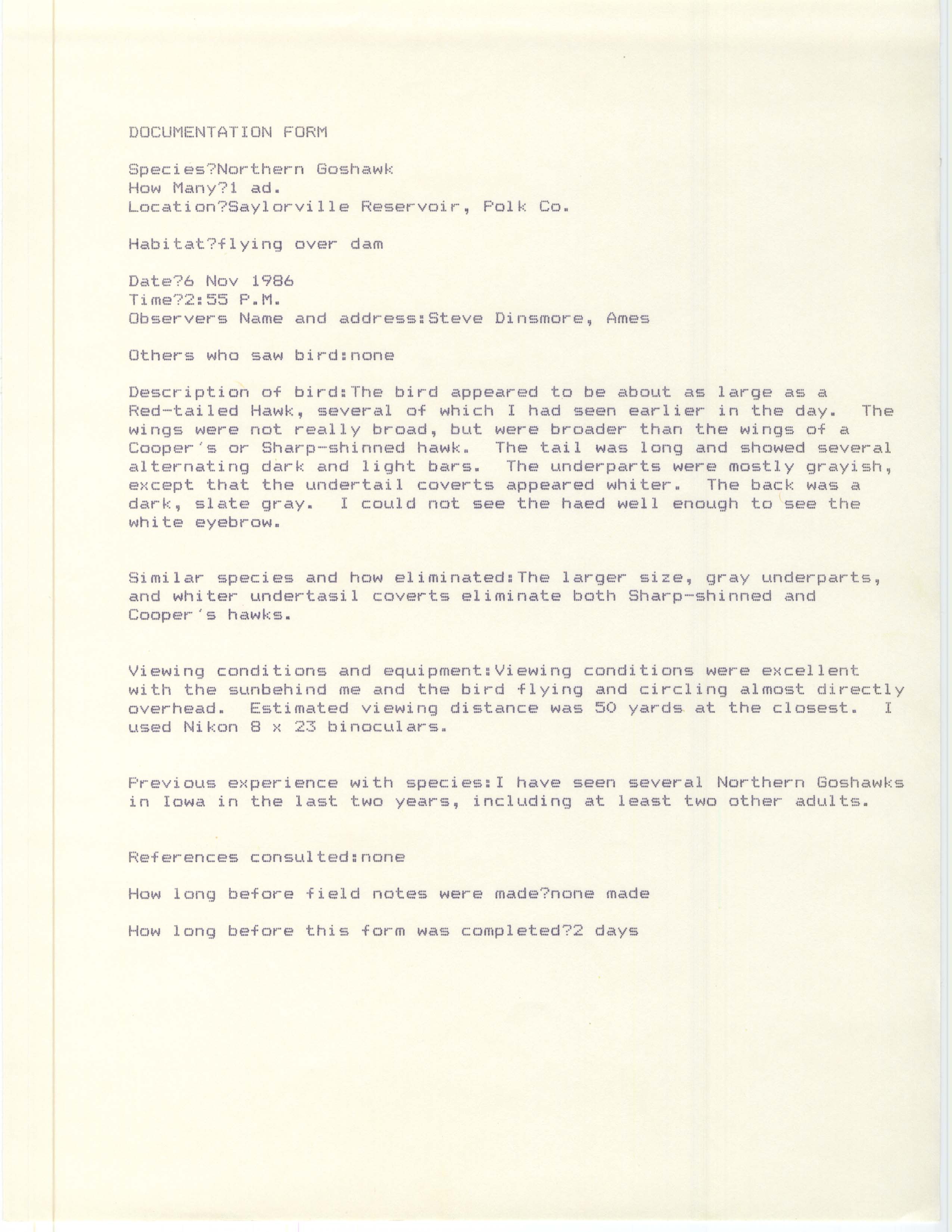 Rare bird documentation form for Northern Goshawk at Saylorville Reservoir, 1986